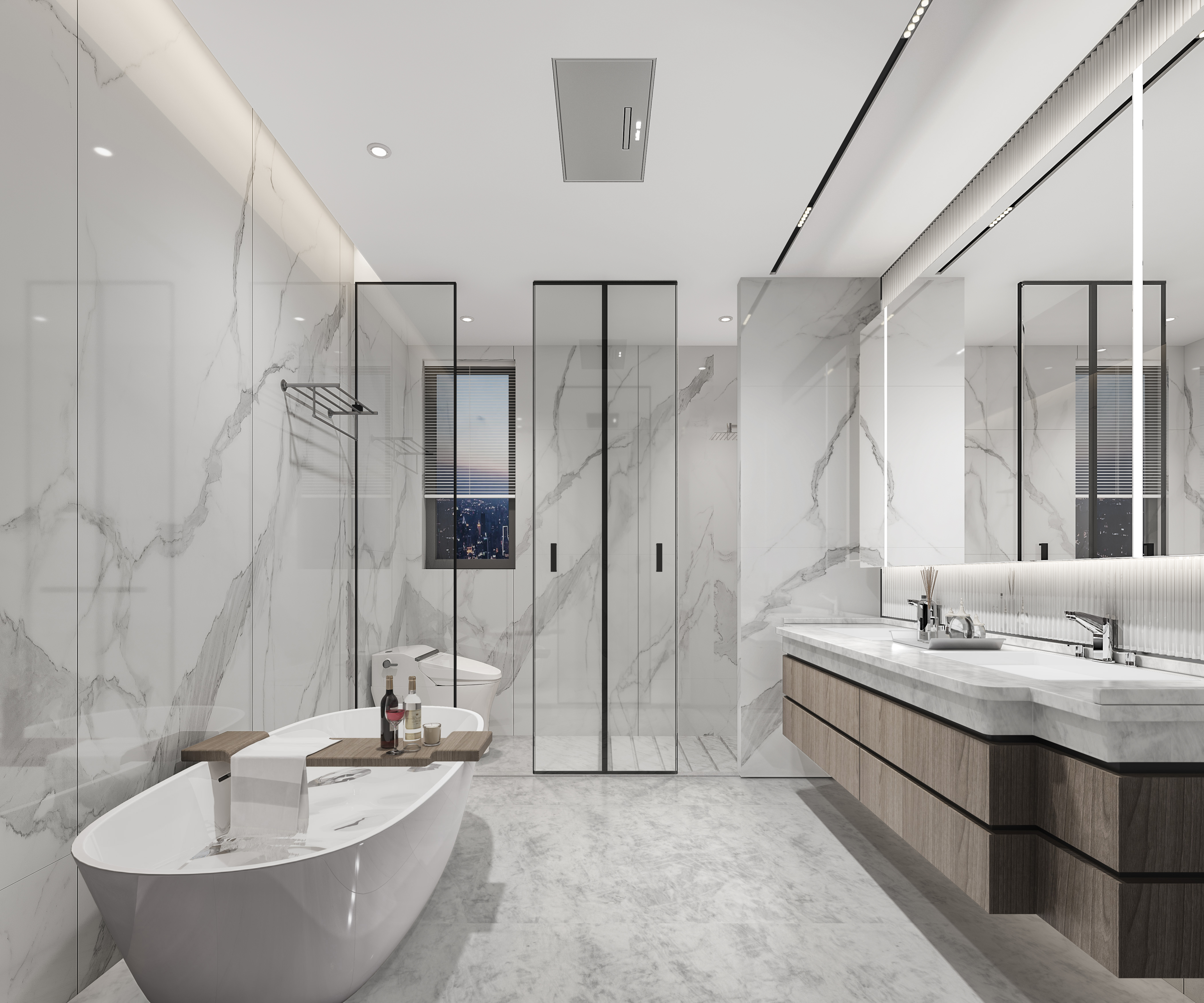 A modern bathroom with a freestanding white tub, a wood vanity with a marble countertop below a long mirror, and a walk-in shower with a glass door.