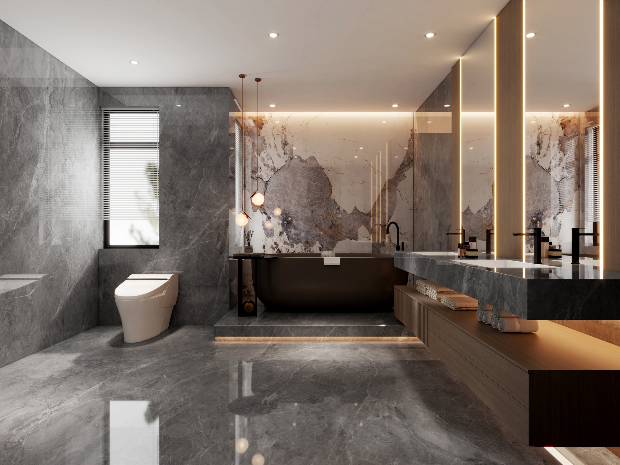 A luxury bathroom with gray floors and walls, a toilet, a floating vanity, and a brown bathtub.