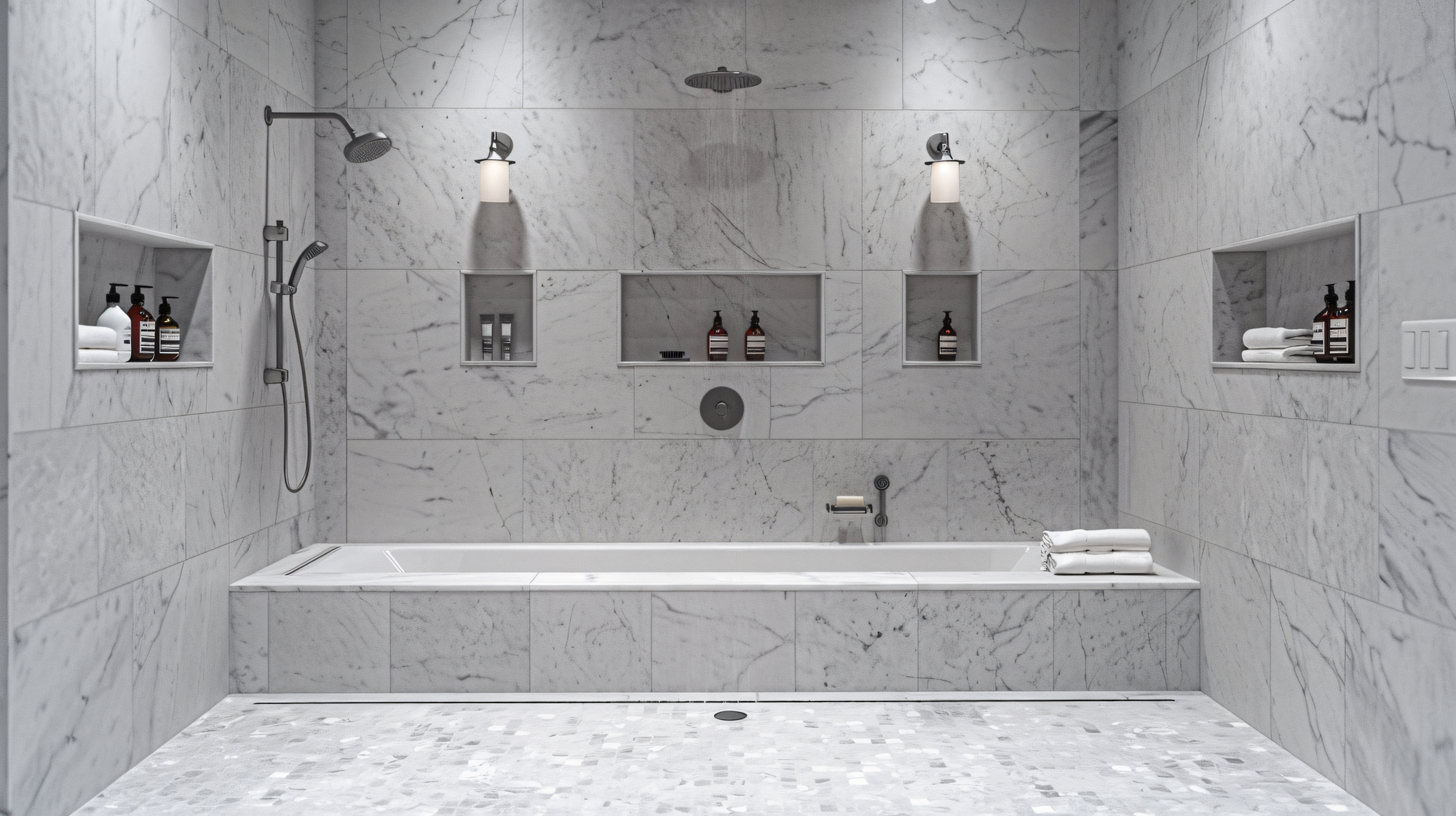 A gray bathtub with gray walls, silver features, and two lights with shelves built into the walls.