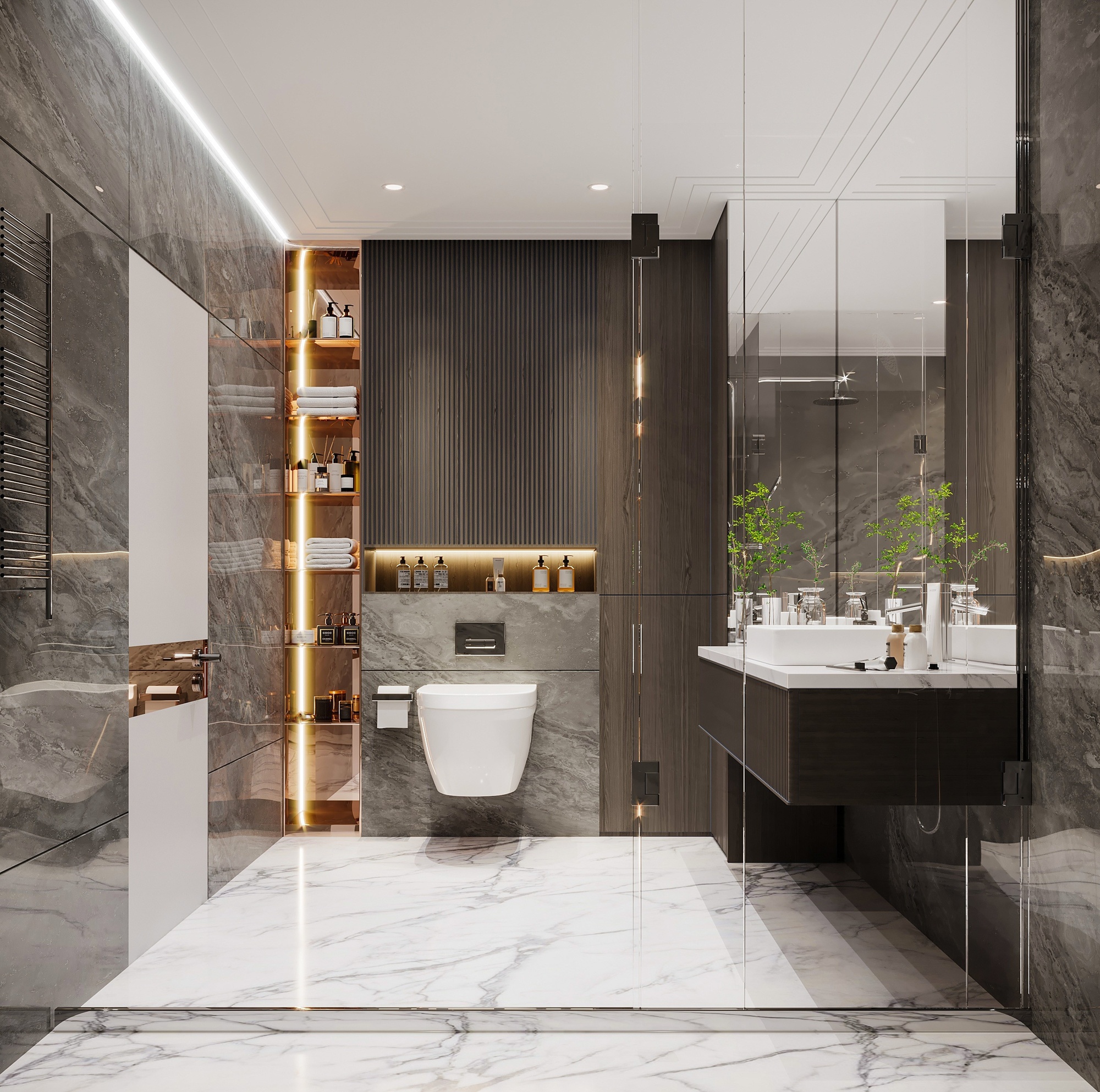 A luxury bathroom with brown walls, white floors, a vanity, and a white toilet in a shower with gold features and a glass door.