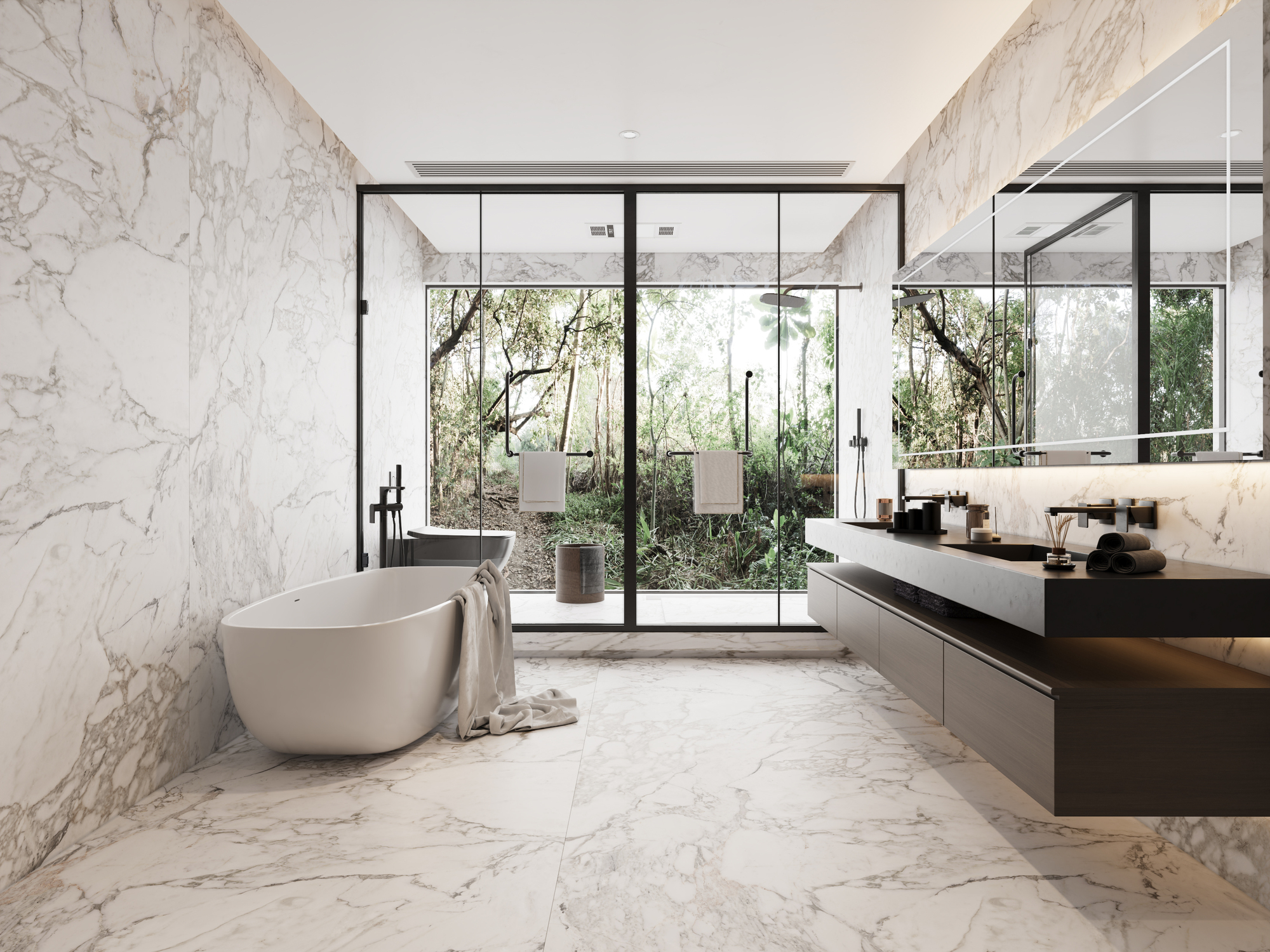 A modern bathroom with a freestanding tub, brown vanity, and a walk-in shower with glass doors looking outside.