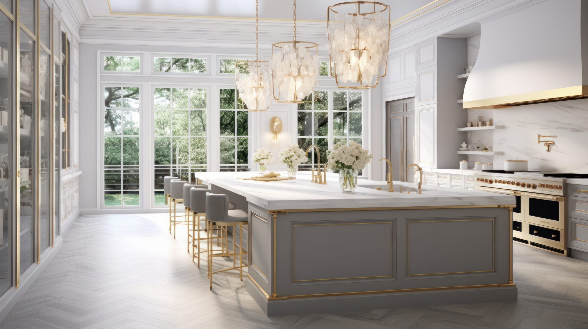 A luxury kitchen with a large island, chairs, and chandeliers hanging from the ceiling with large windows in the background.
