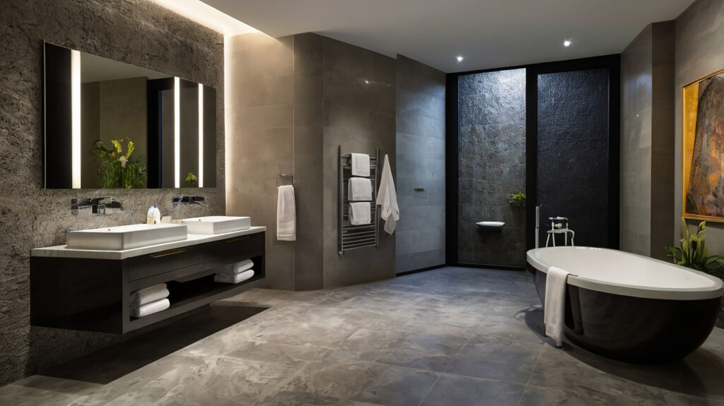 A fancy bathroom with gray walls and floors, freestanding tub, and a wood vanity with white sinks and a mirror above it.