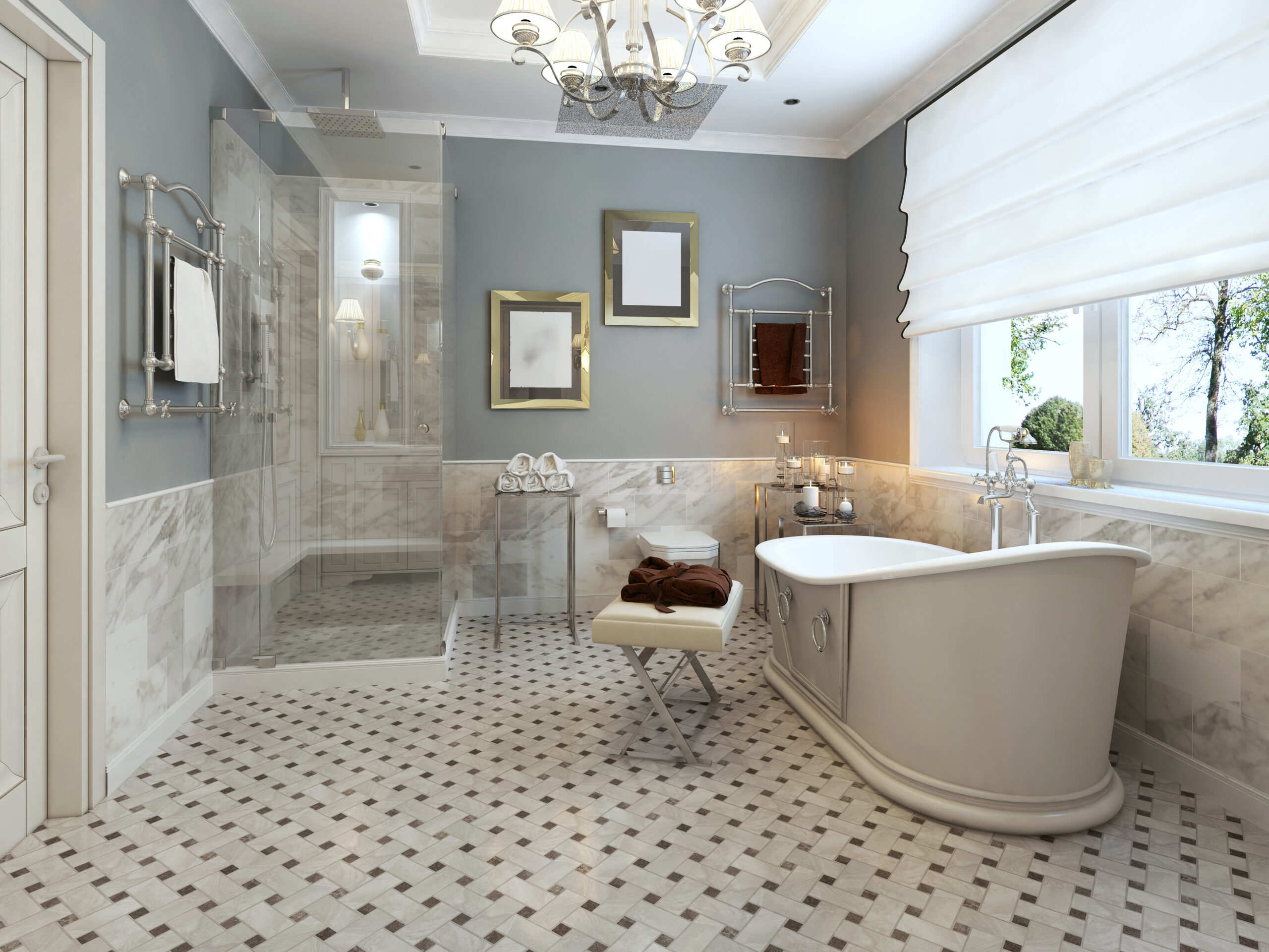 An elegant bathroom with a bathtub, walk-in shower, chandelier, tile flooring, and shades on the windows.