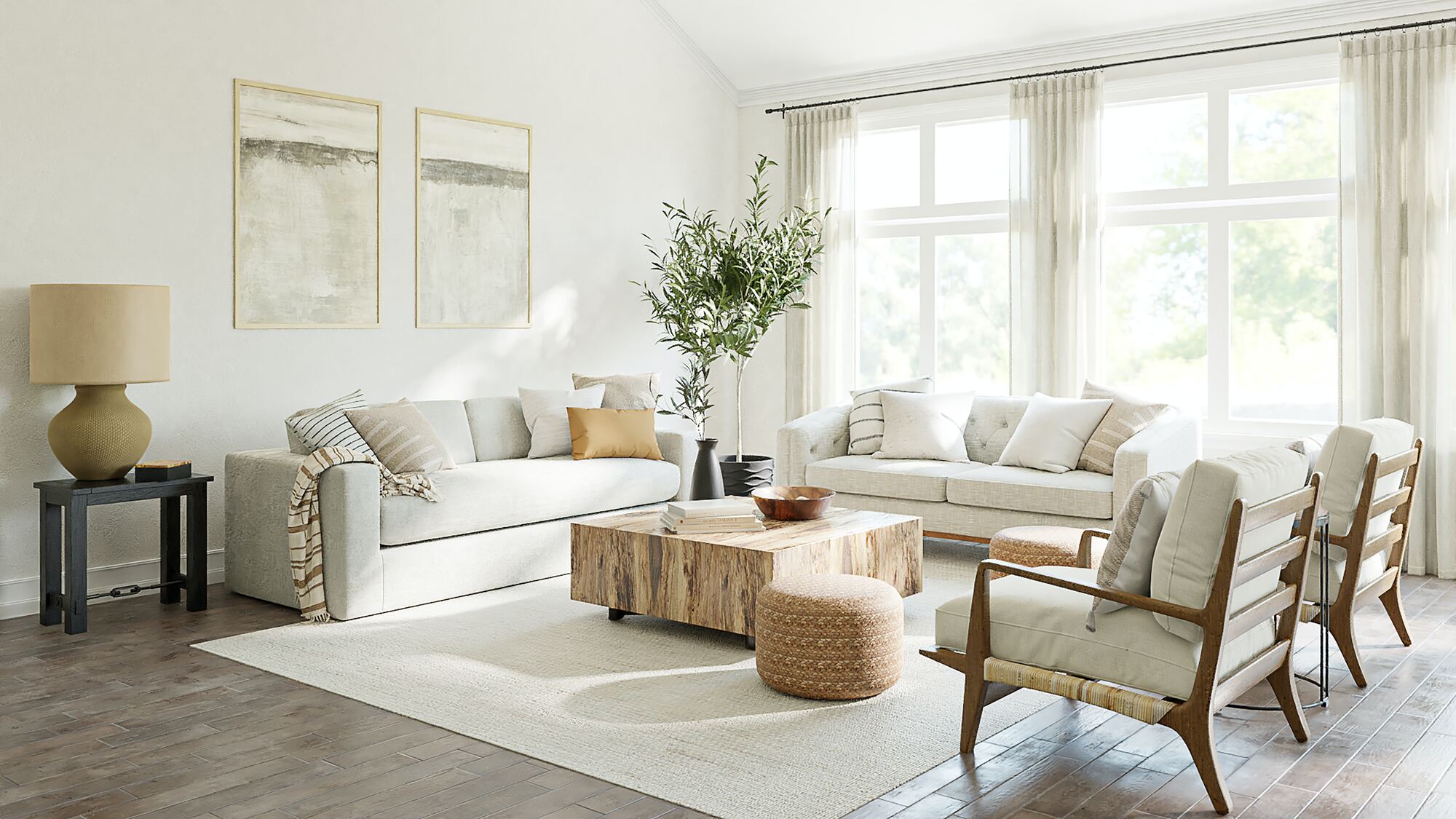 A living room with tan furniture, a wood table, white walls, and two large windows with curtains.