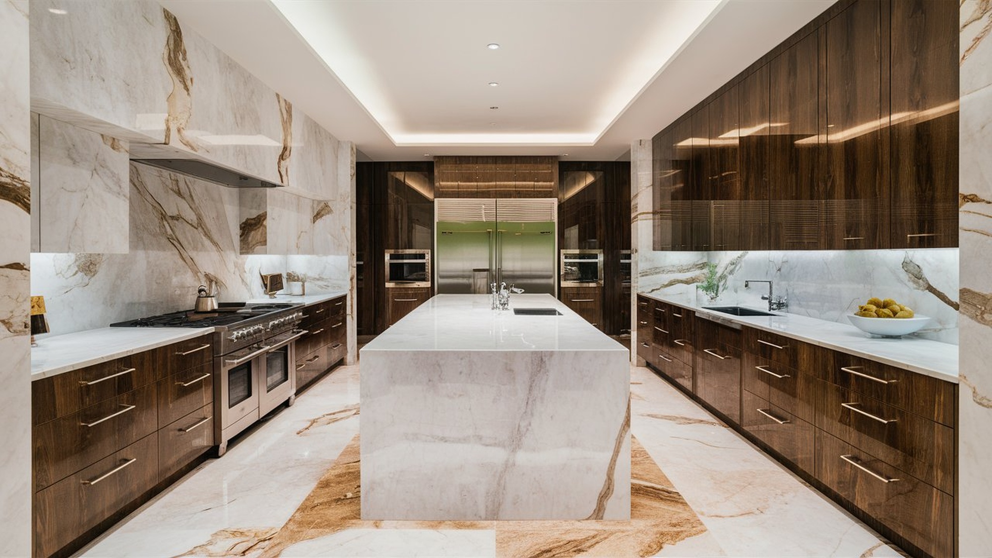 A luxury kitchen with tile flooring, wood cabinets, a tile island, tile walls, and a large refrigerator and freezer in the background.