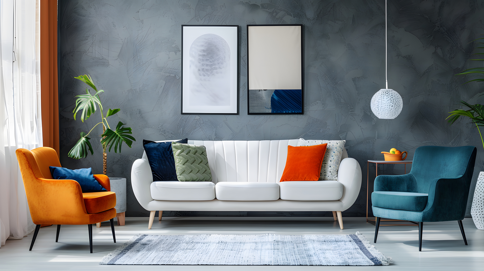 A living room with gray walls, a white couch, a blue chair, and an orange chair.