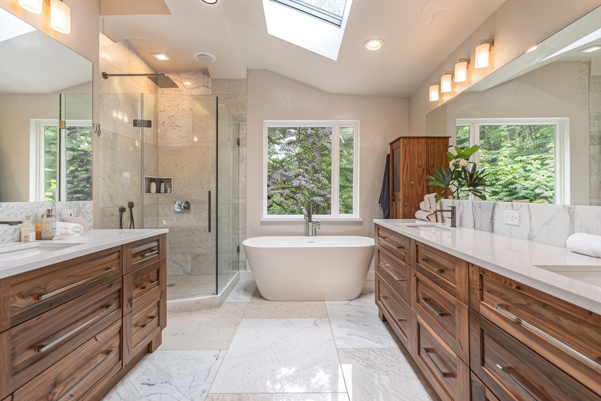 A bathroom with wood drawers, marble countertops, mirrors on both sides with overhead lights, a freestanding bathtub, and a walk-in shower with a glass door.