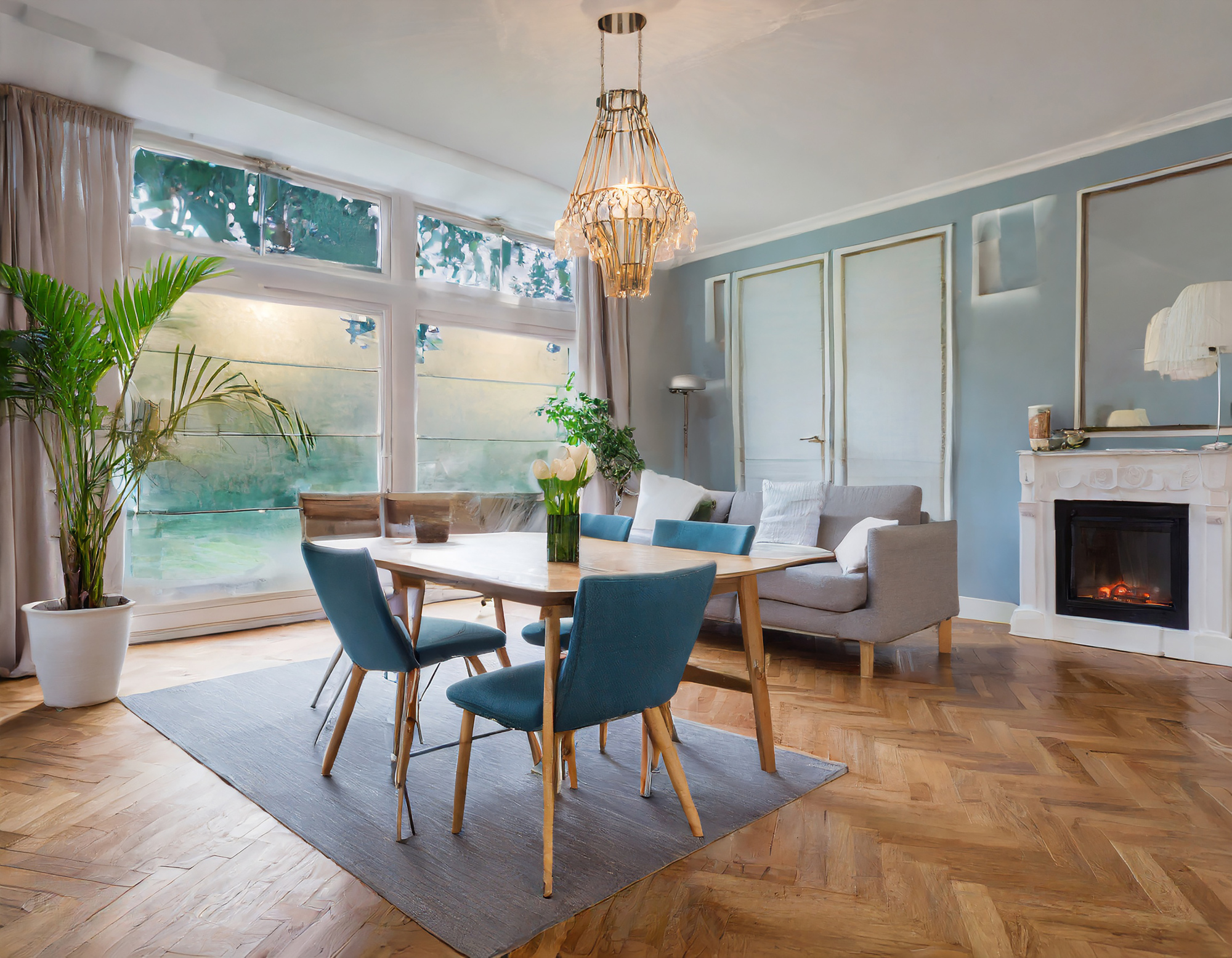 A living room with hardwood floors, blue walls, a fireplace, a gray couch, and a wood table with blue chairs