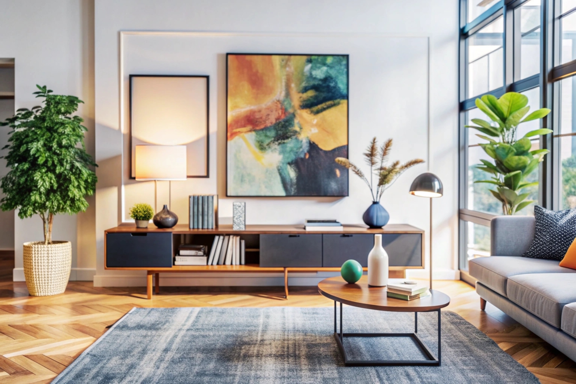 A living room with wood flooring, white walls, a slate-gray rug under a wood table, paintings on the wall and an entertainment center.