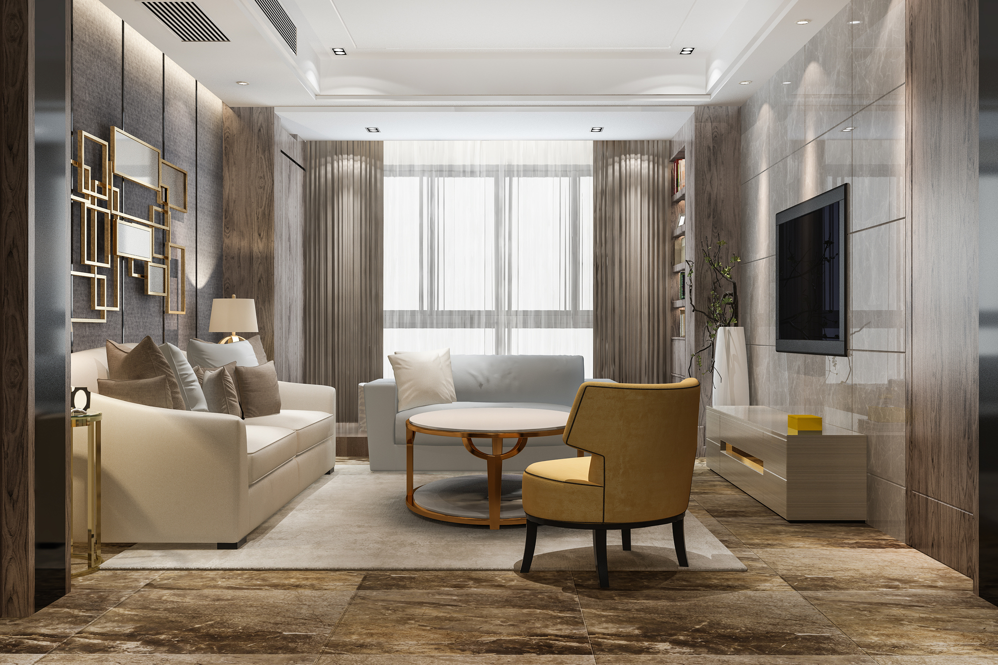 A modern living room with tile floors, touches, a chair and a television on the wall.