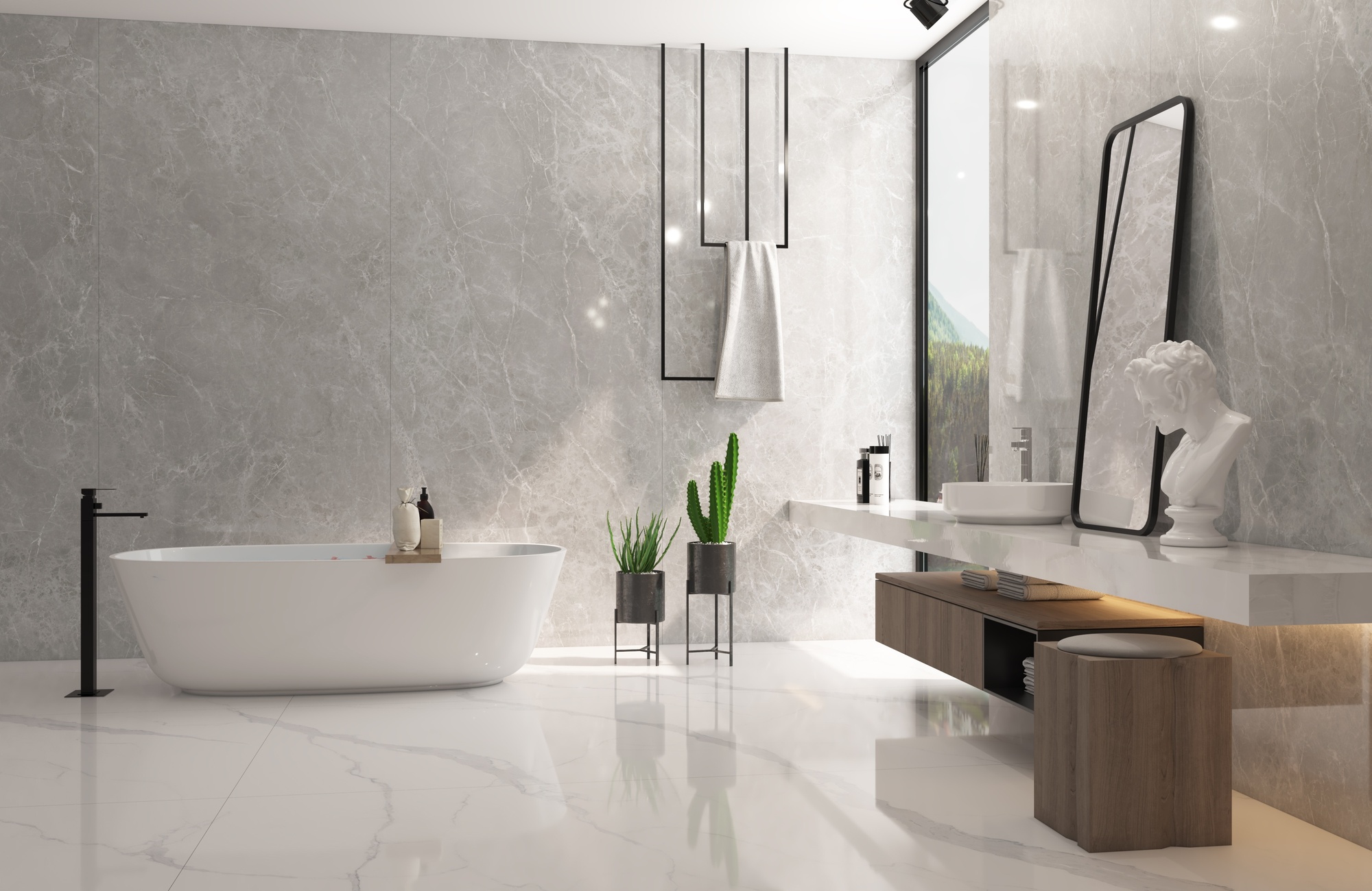 A beautiful bathroom with a white freestanding bathtub, a marble vanity with a statue, tall mirror, and a white sink.