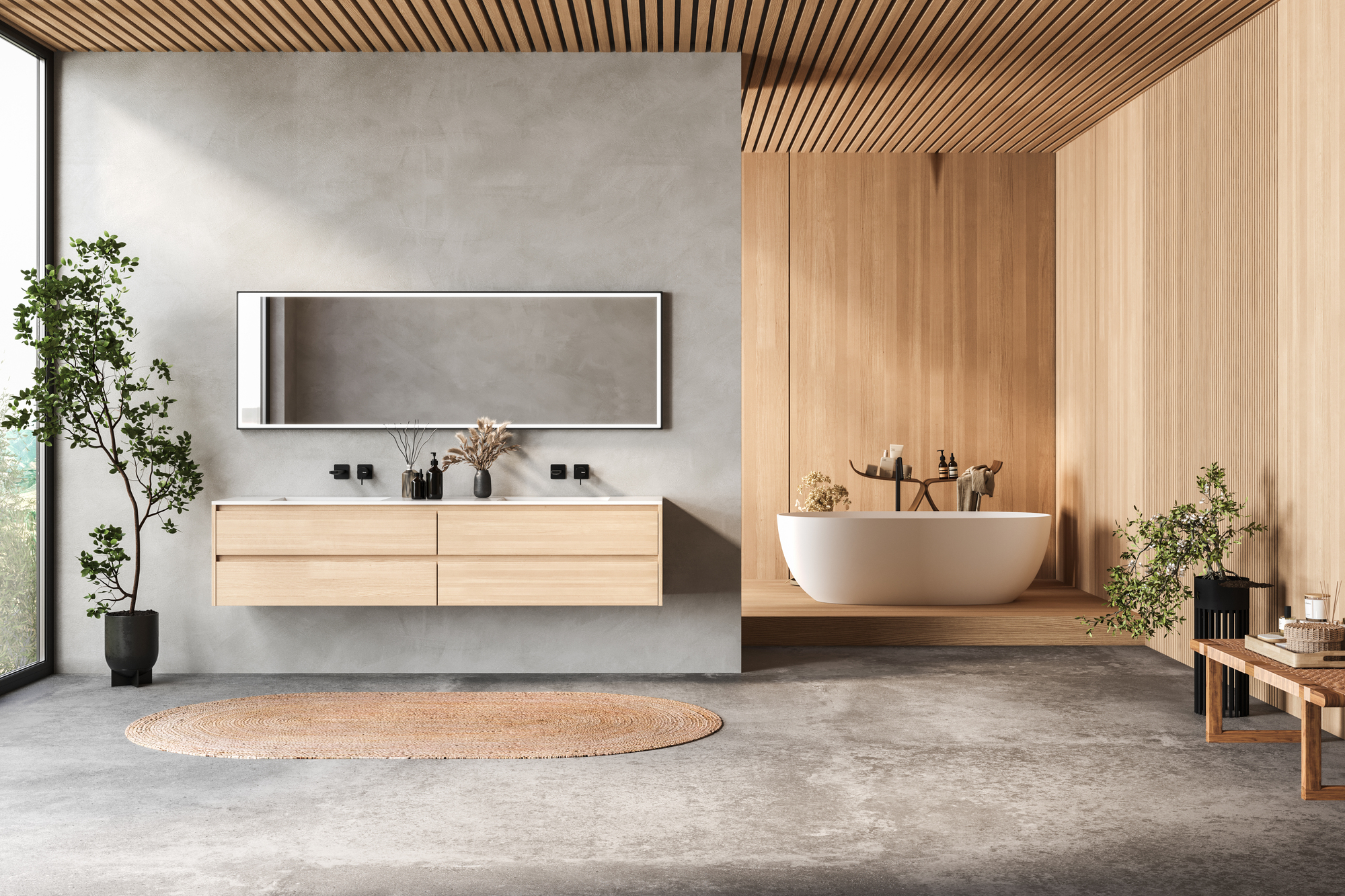 A modern bathroom with wood walls, a white freestanding bathtub, and a long mirror over a vanity.