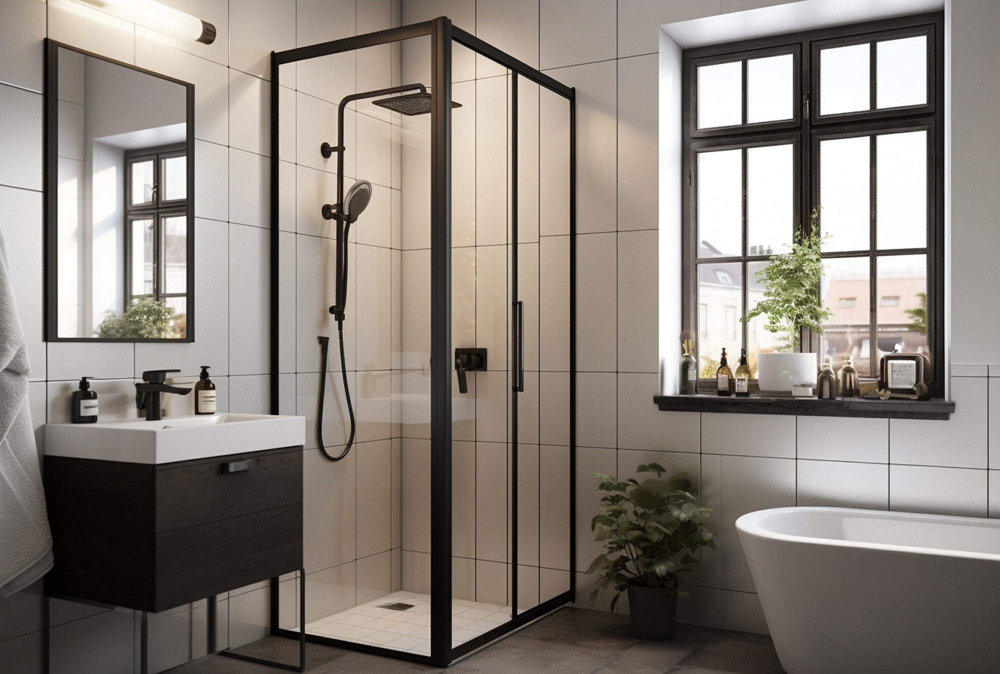 A bathroom with a small sink, mirror, a walk-in shower with a glass door and black frame, and a freestanding bathtub.