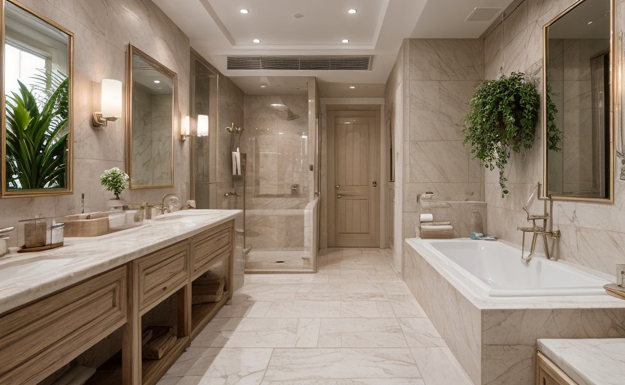 A luxurious bathroom with tan walls, a vanity with two sinks, a bathtub, and a walk-in shower.
