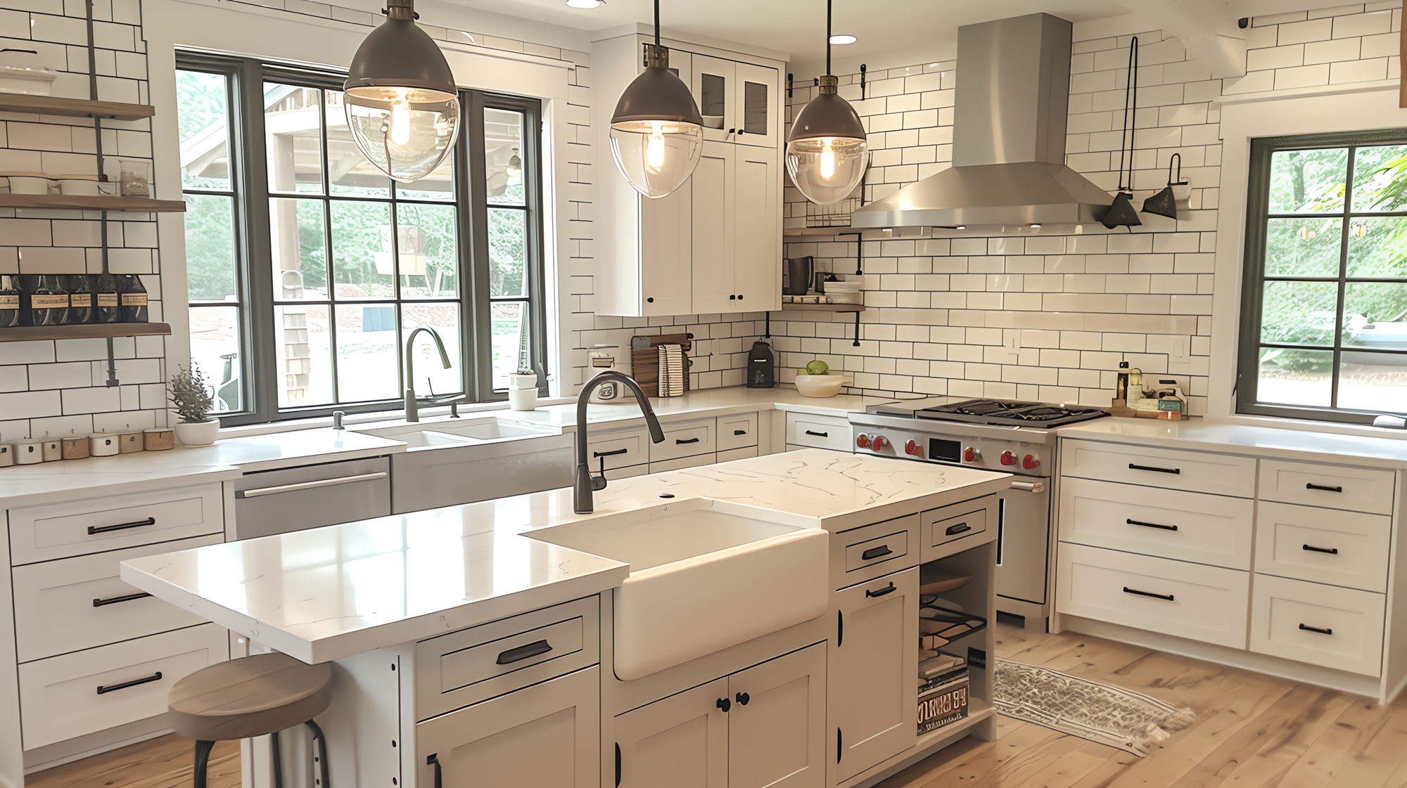 A farmhouse-style kitchen with lights hanging over an island and white marble countertops.