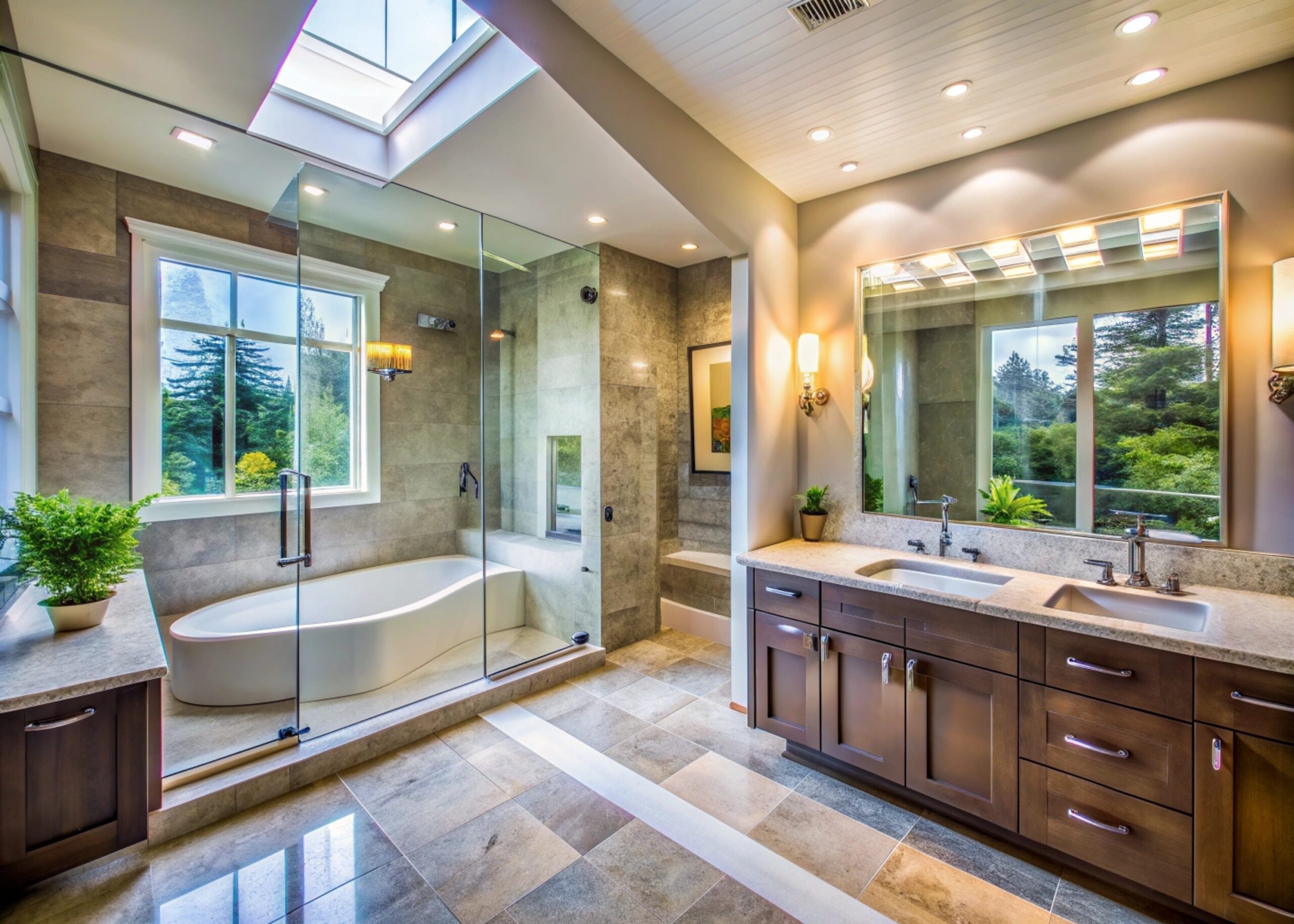 A bathroom remodel featuring a modern freestanding tub, glass-enclosed shower, double-sink vanity with warm wood cabinetry, skylight, and elegant lighting.