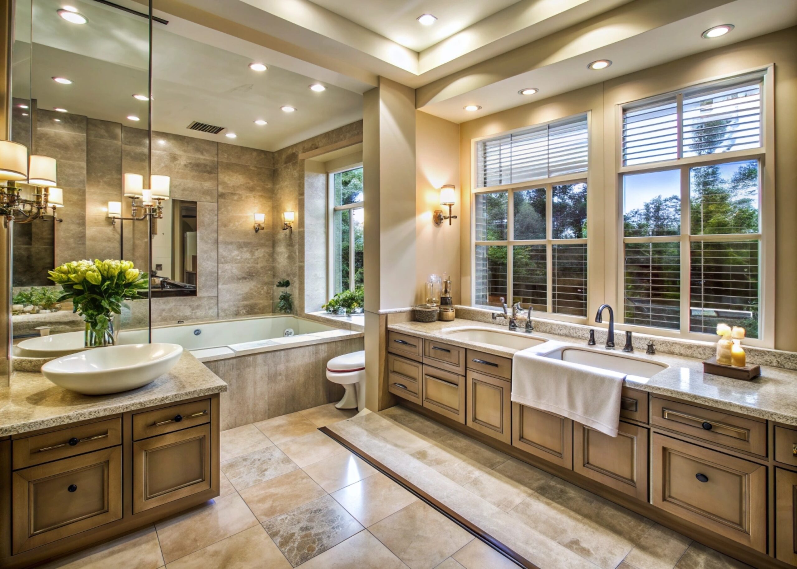 Luxurious bathroom remodel showcasing a spacious design with dual vanities, elegant lighting, a soaking tub, large windows, and warm beige tile flooring.