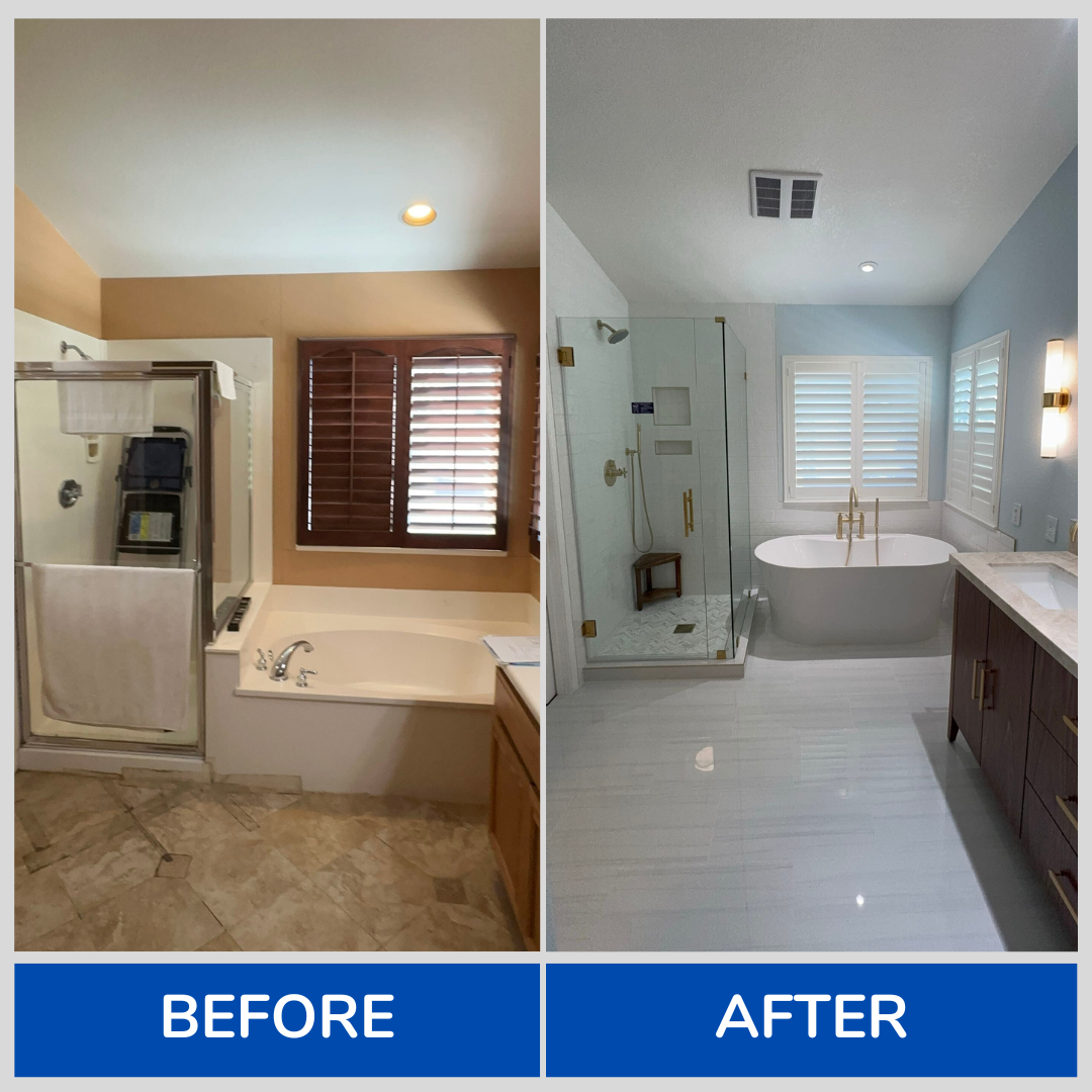 Before-and-after comparison of a bathroom remodel in Signal Hill, CA.