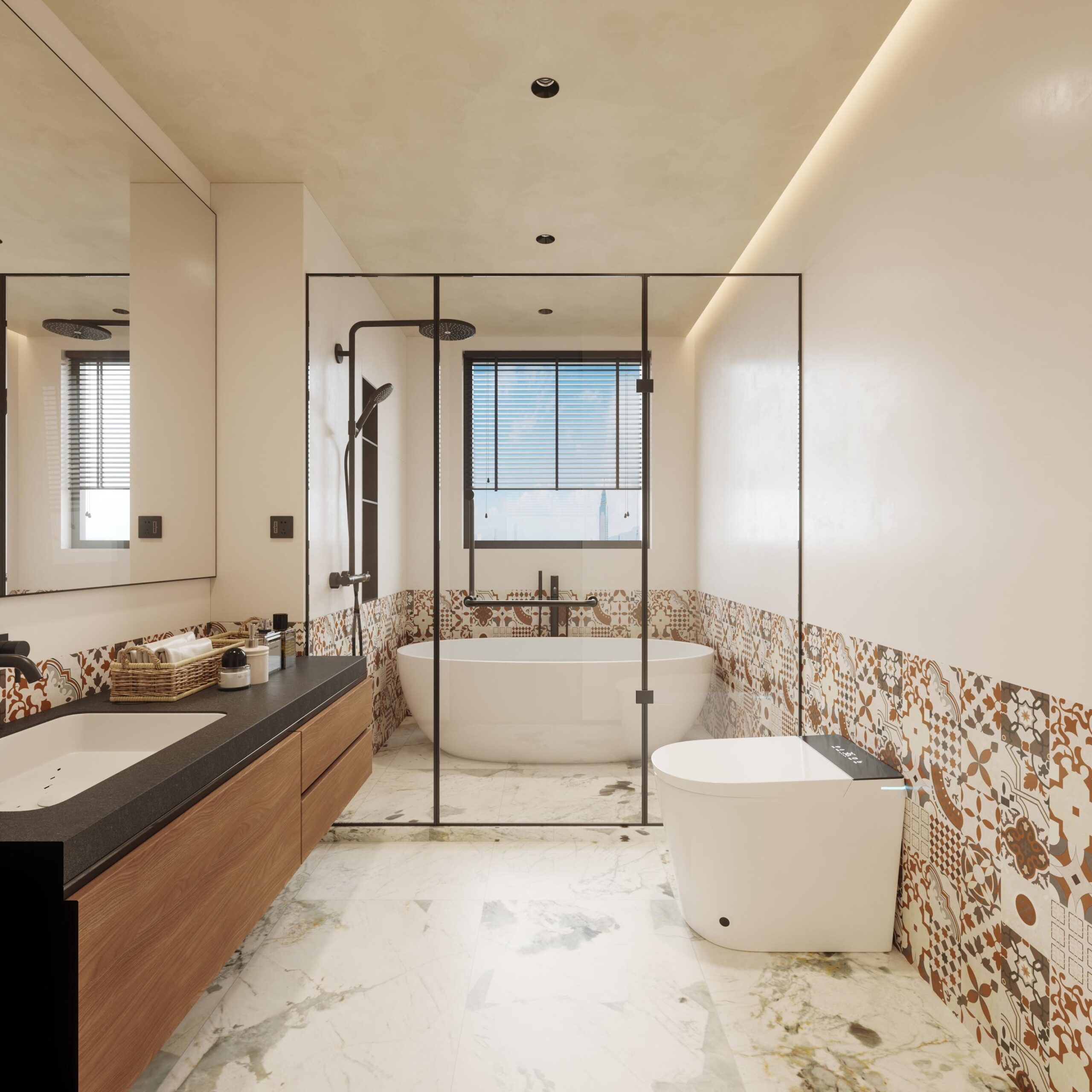 Modern open-concept kitchen and dining area featuring white cabinetry, a large quartz island with dual sinks, and stainless steel appliances.