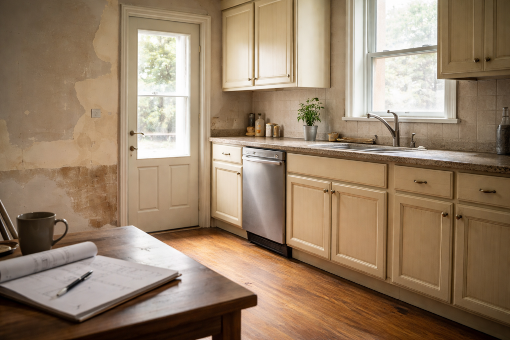 Aging kitchen interior showing worn cabinets, peeling walls, and signs of a renovation that has been delayed