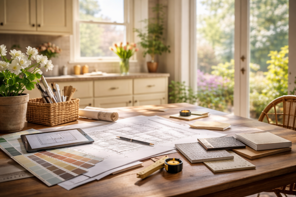 Home renovation planning table with blueprints, material samples, and natural spring light in a kitchen.
