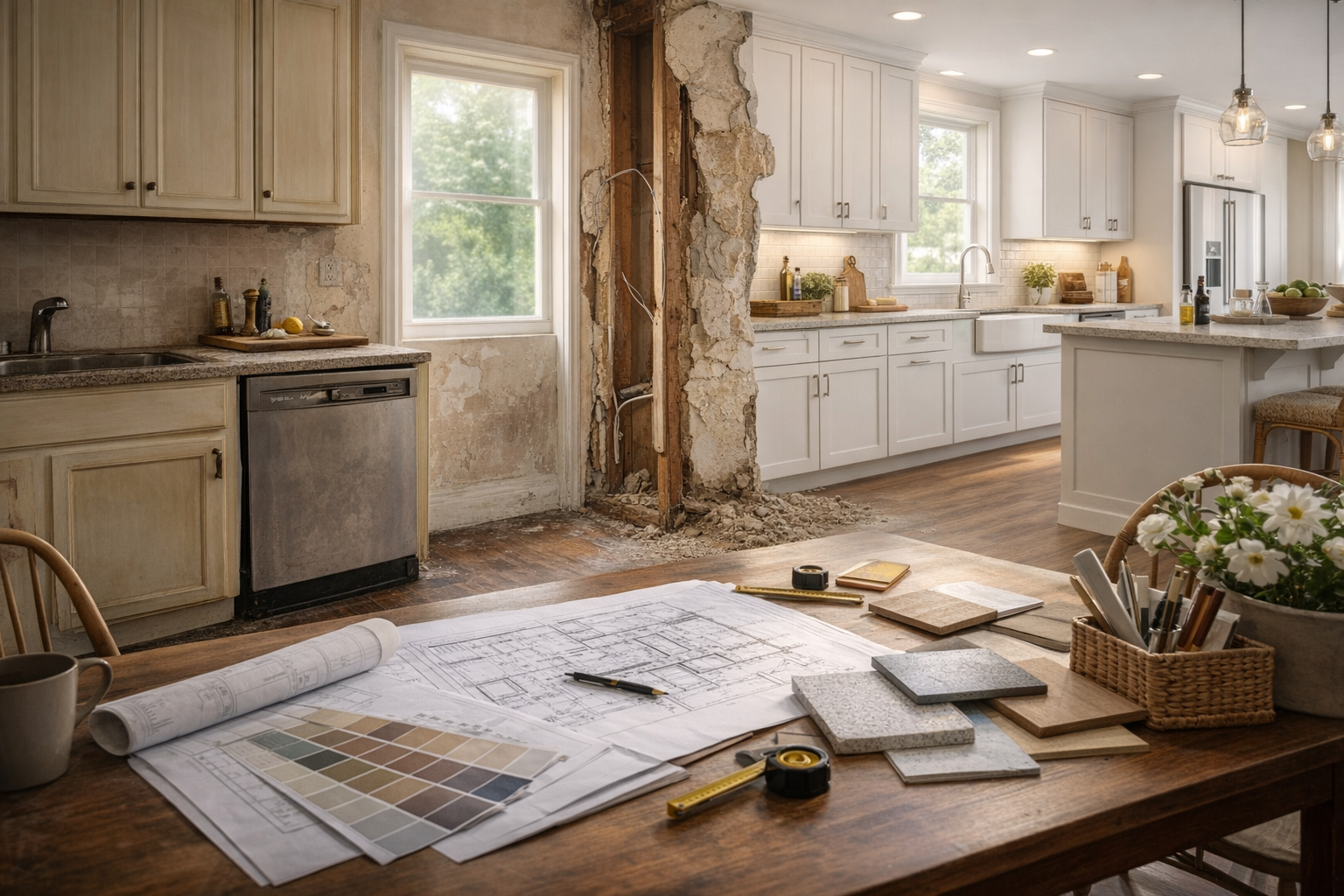 Side-by-side interior showing an outdated kitchen and a reworked modern kitchen during renovation planning