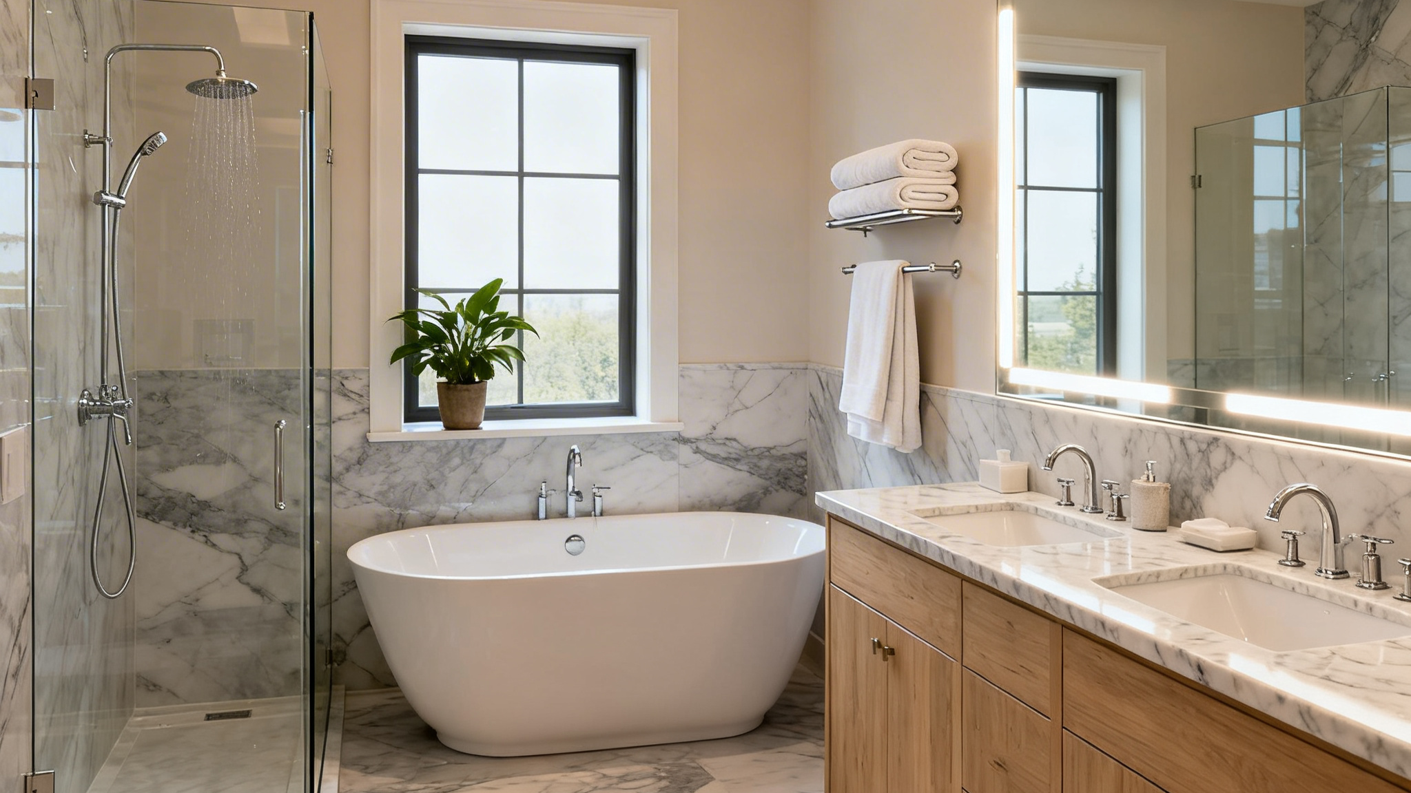 Elegant bathroom with a freestanding soaking tub, glass walk-in shower, double wood vanity with a marble countertop.