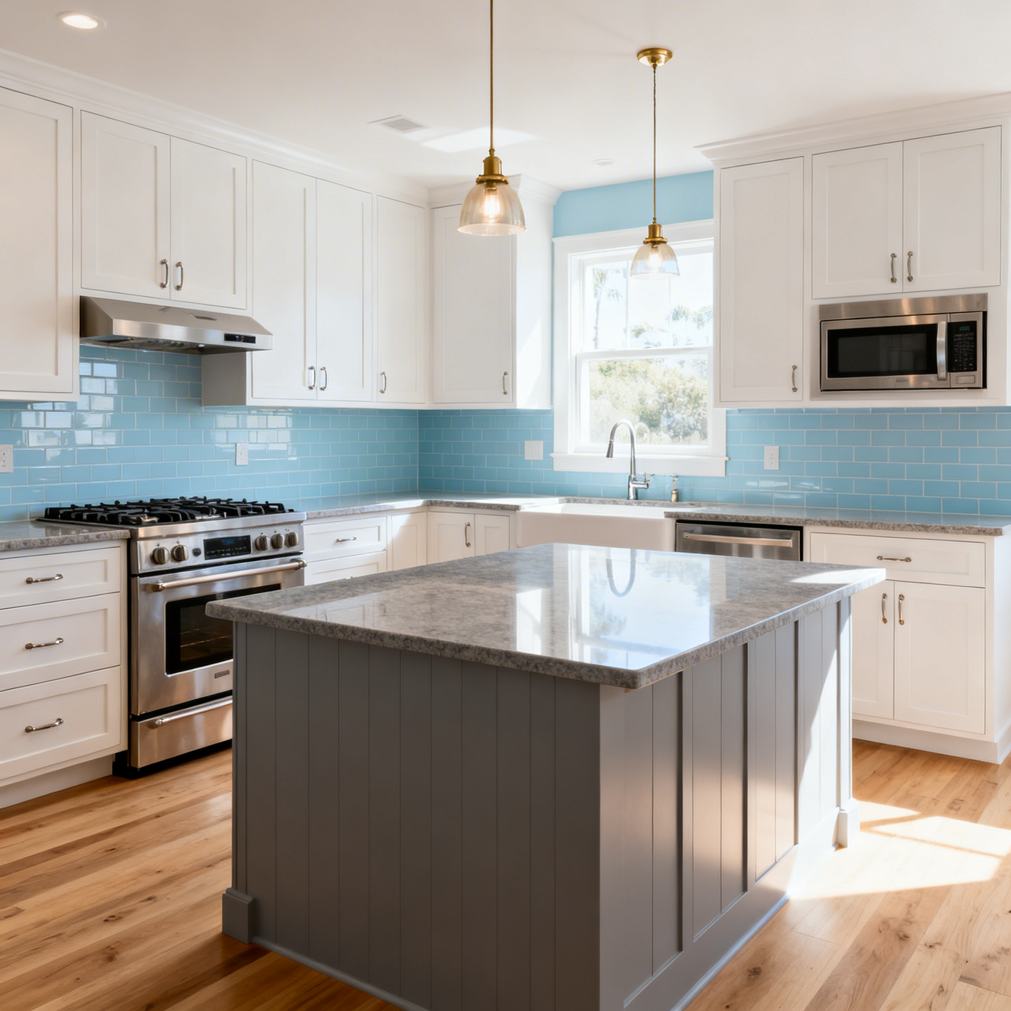 Bright kitchen with white cabinets, blue subway tile, gray island, stainless appliances, pendant lights, and wood floors.