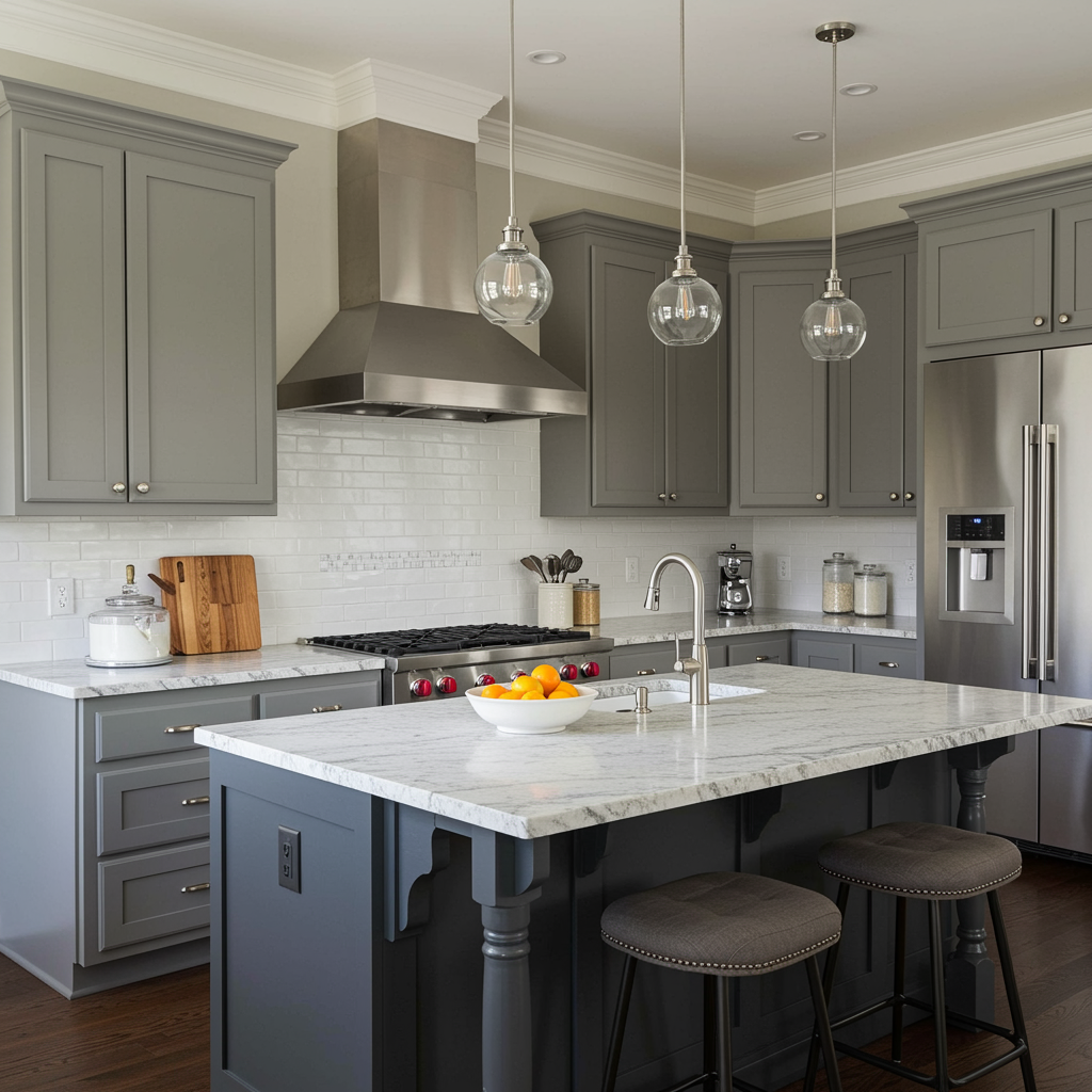 An elegant kitchen with gray shaker cabinets, white marble-look countertops, stainless steel appliances, glass pendant lights, and a large island.