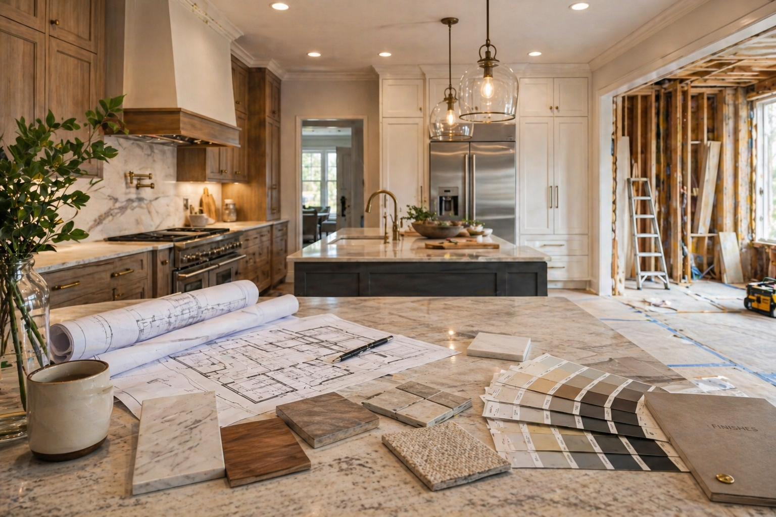 Modern kitchen renovation with design plans and material samples, showing balance between visual design and practical layout