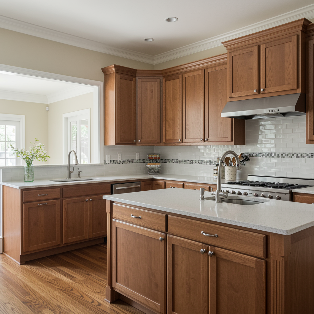 Bright kitchen with wood cabinets, white countertops, center island with sink, subway tile backsplash, and a stainless range hood.