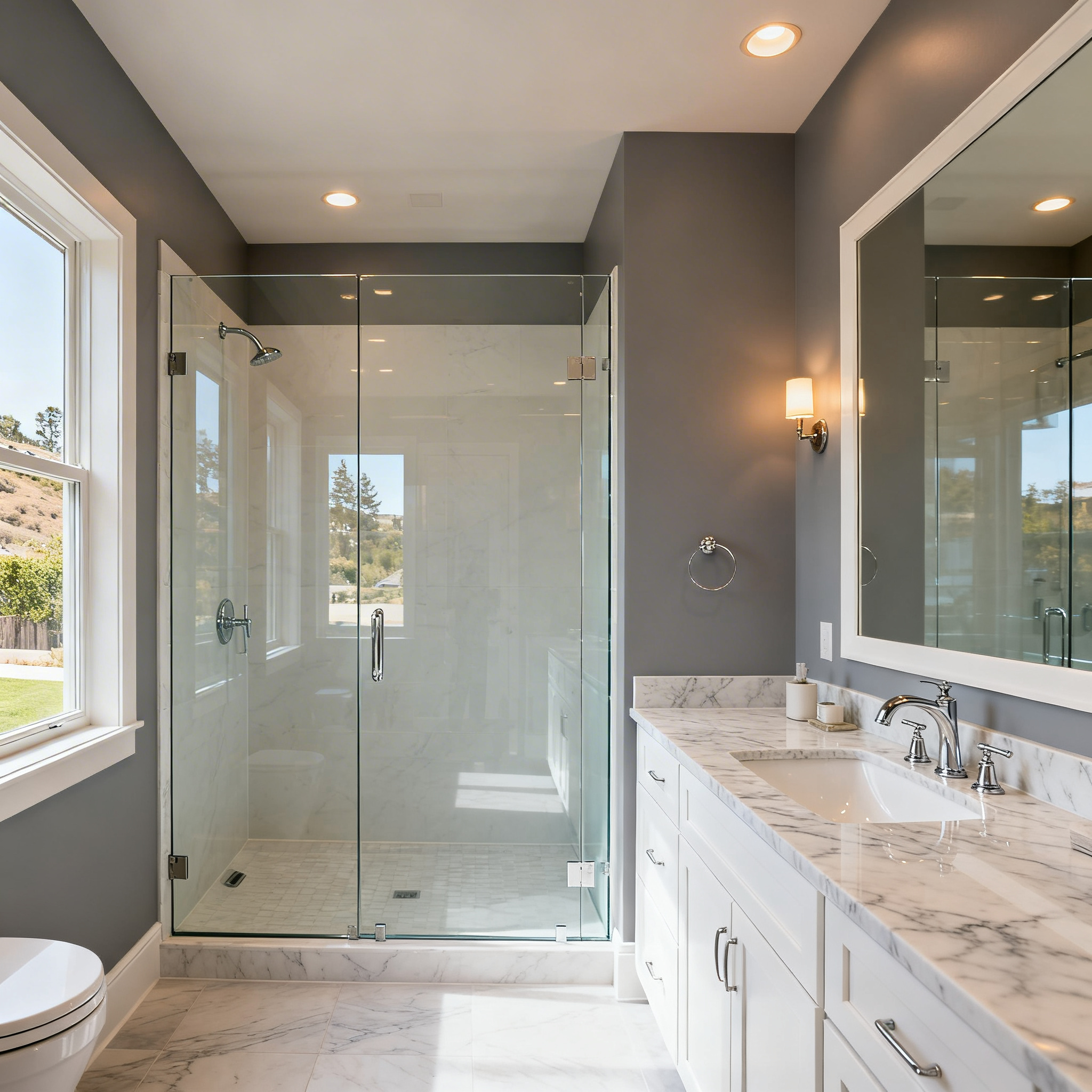 A modern bathroom with dark gray walls, a white vanity with marble-look countertop, and a frameless glass shower with light tile surround.