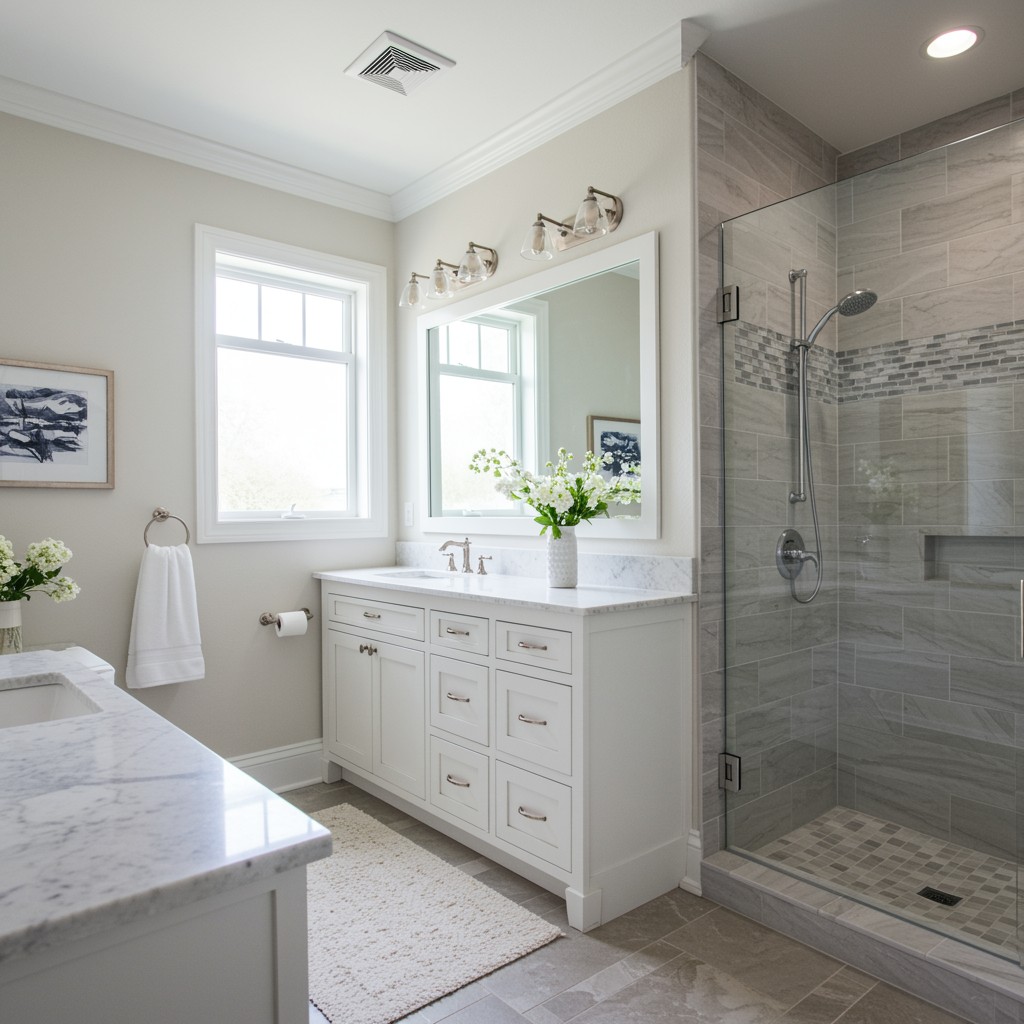 A bright modern bathroom with white vanity cabinets, marble-look countertops, a large mirror, and a glass walk-in shower with gray tile.