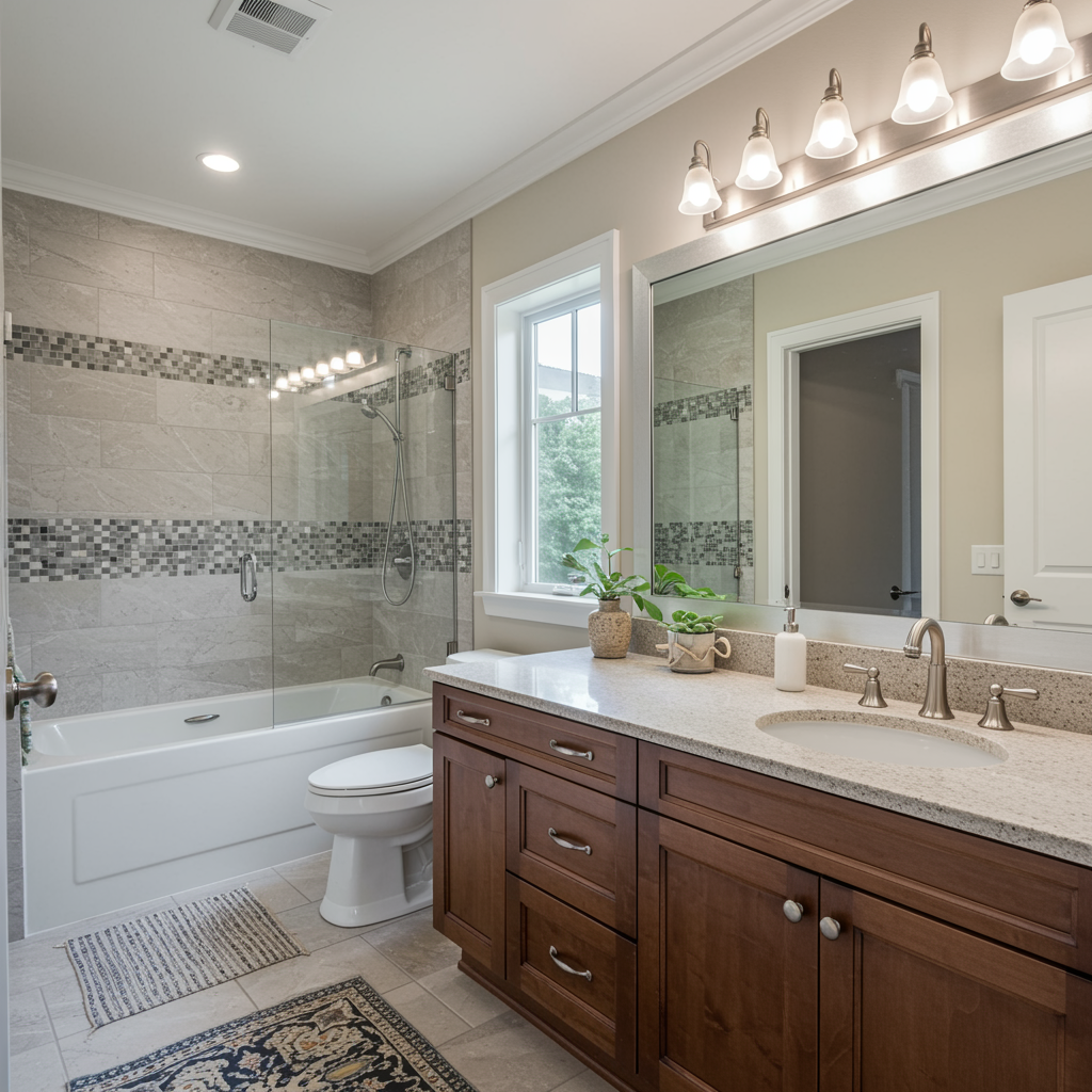 Bright bathroom with a dark wood vanity, light countertop, large framed mirror, toilet, and a tub-shower combo with glass panel and gray tile walls.