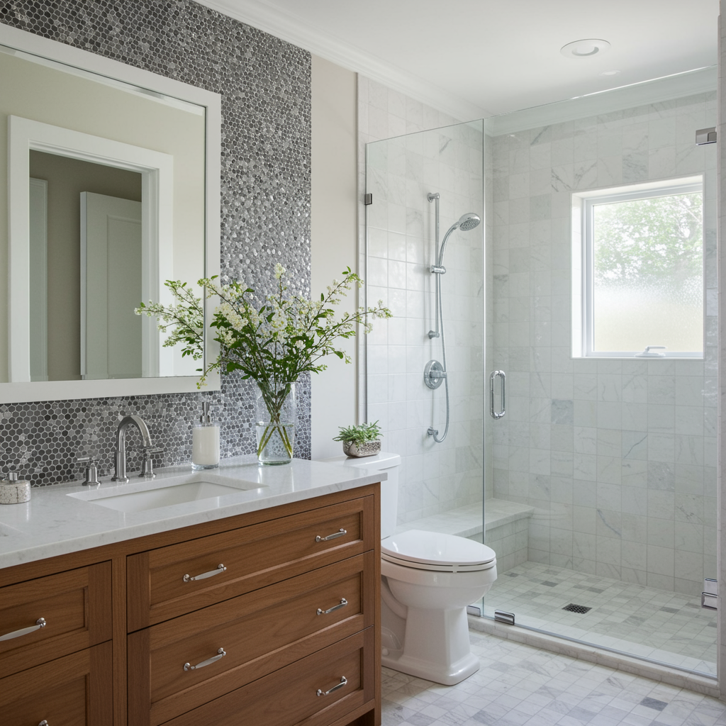 Bright modern bathroom with a warm wood vanity, white countertop, large framed mirror, glass walk-in shower with marble-look tile, chrome fixtures