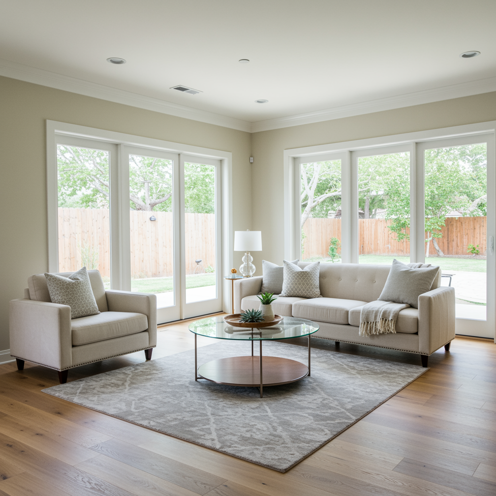 A bright modern living room with neutral sofa and armchair, large glass patio doors, a round glass coffee table, and light wood flooring.
