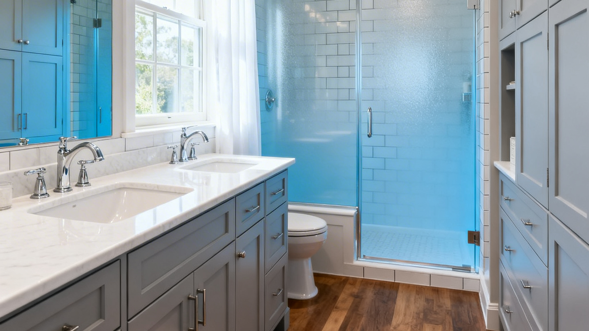 Bright modern bathroom with a long gray double-sink vanity, white marble countertop, wood-look flooring, and a glass-enclosed shower.