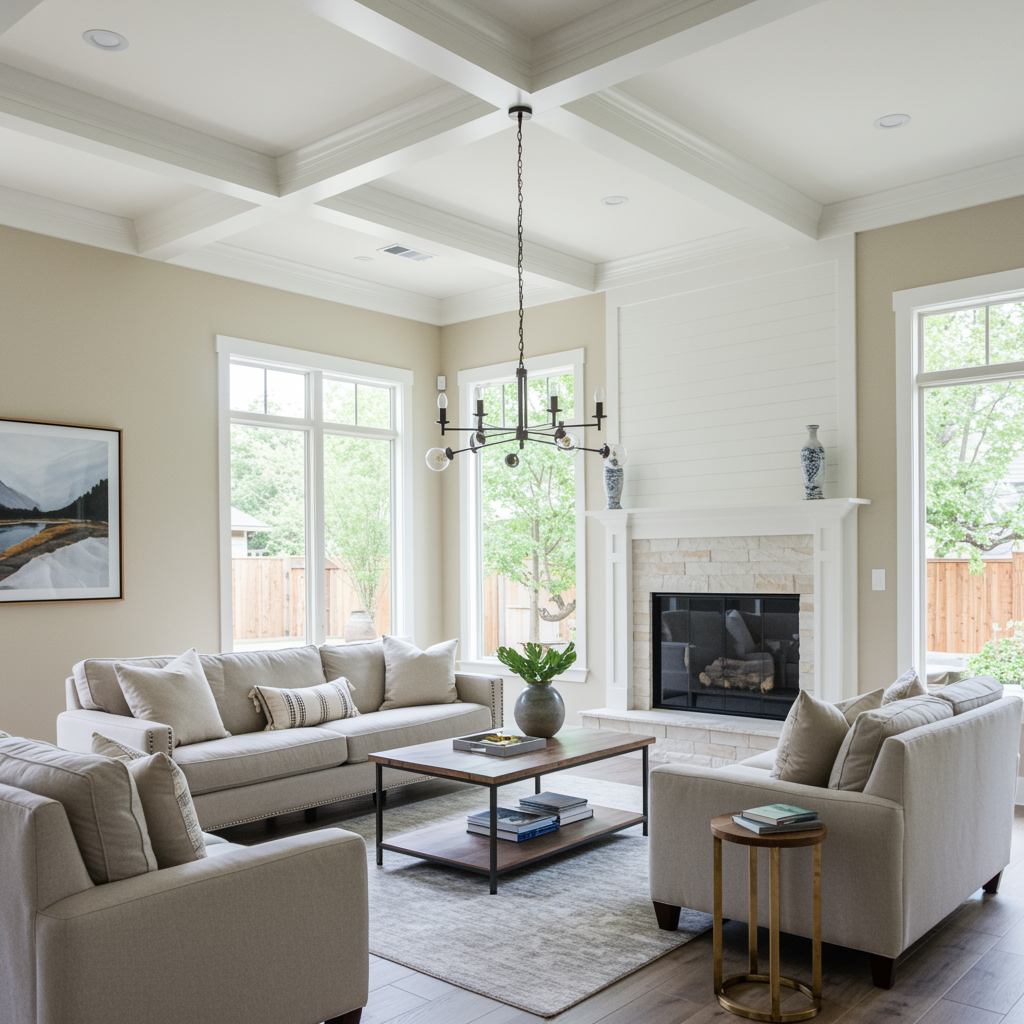 A bright open living room with neutral sofas and chairs, a coffered ceiling, a modern chandelier, large windows, and a white fireplace with stone surround.