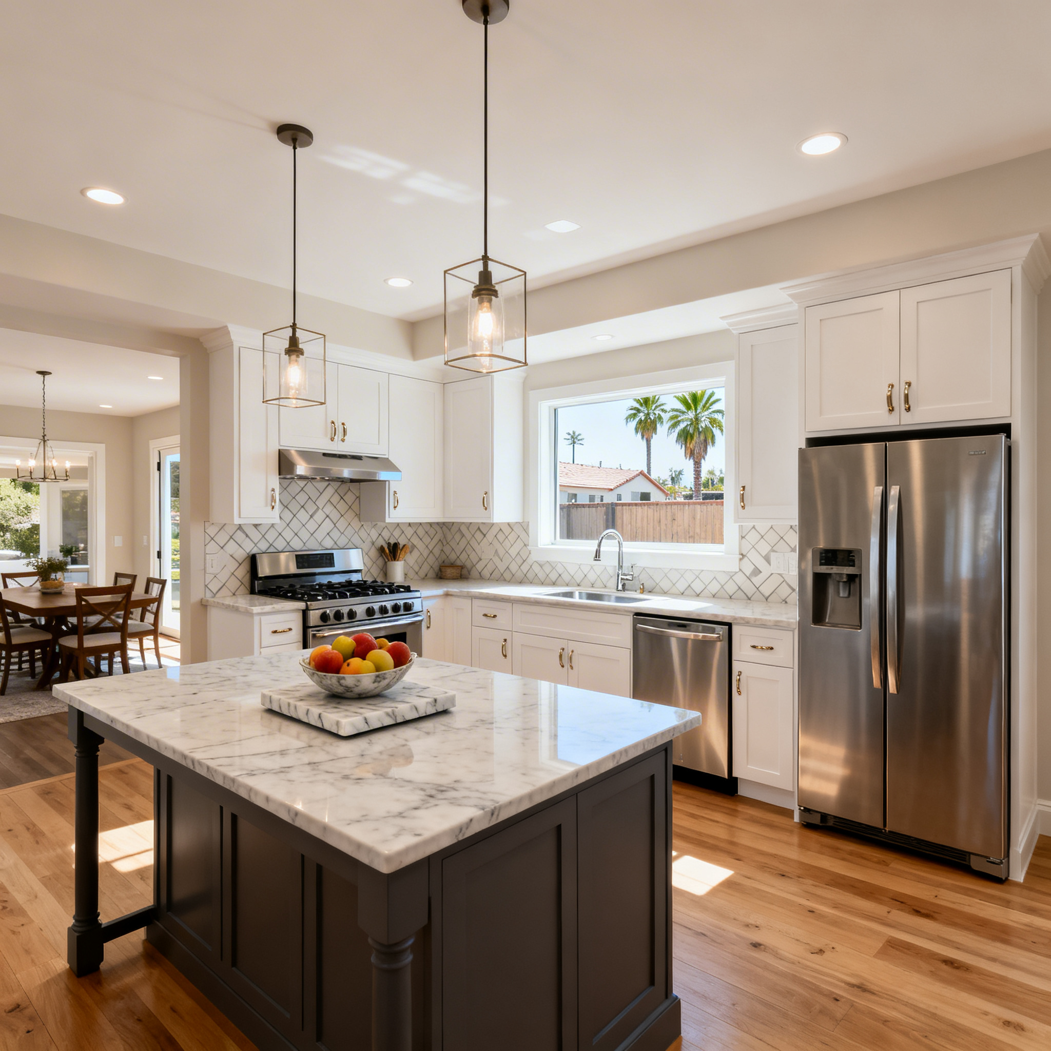 An image of a kitchen with white cabinets, a marble island, stainless appliances, pendant lights, and warm wood floors.