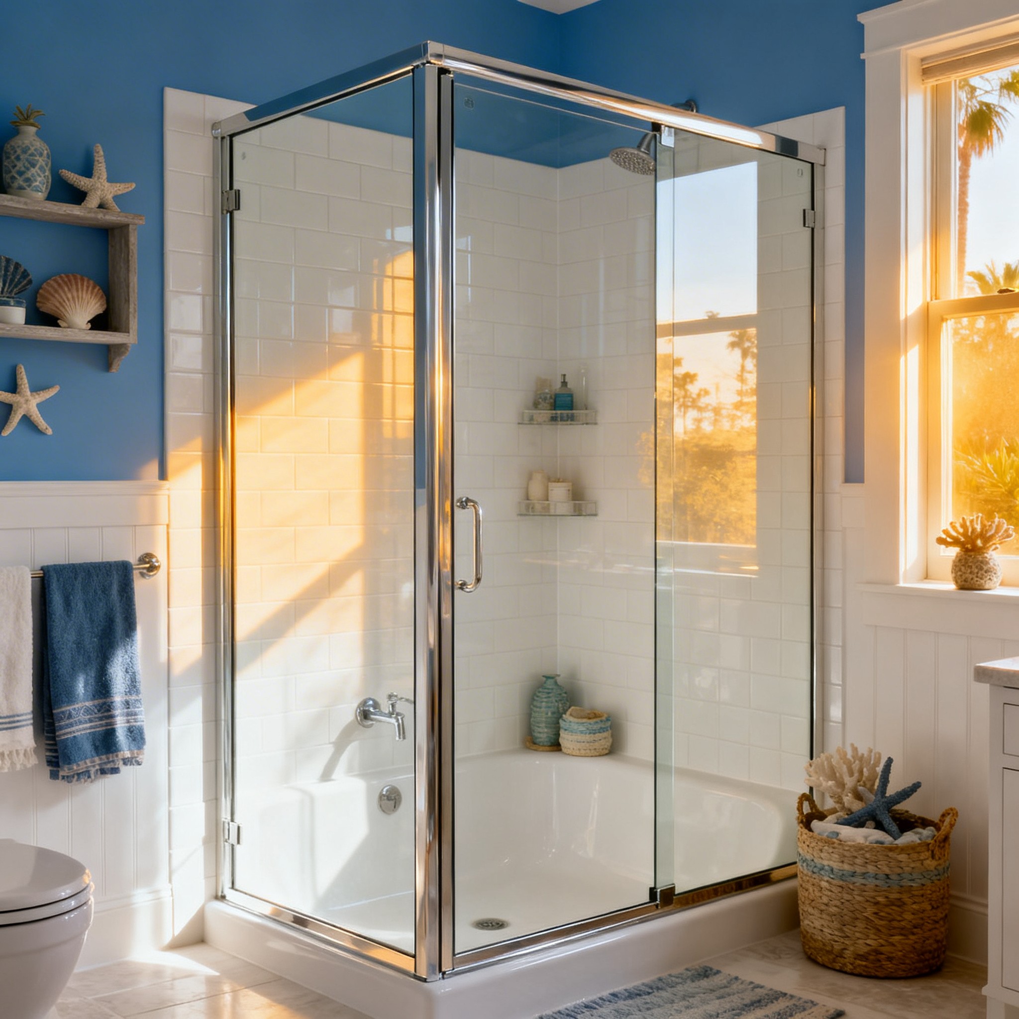 A bright coastal-style bathroom with a glass acrylic shower enclosure, white subway tile, blue walls, chrome trim, and warm sunlight through the window.