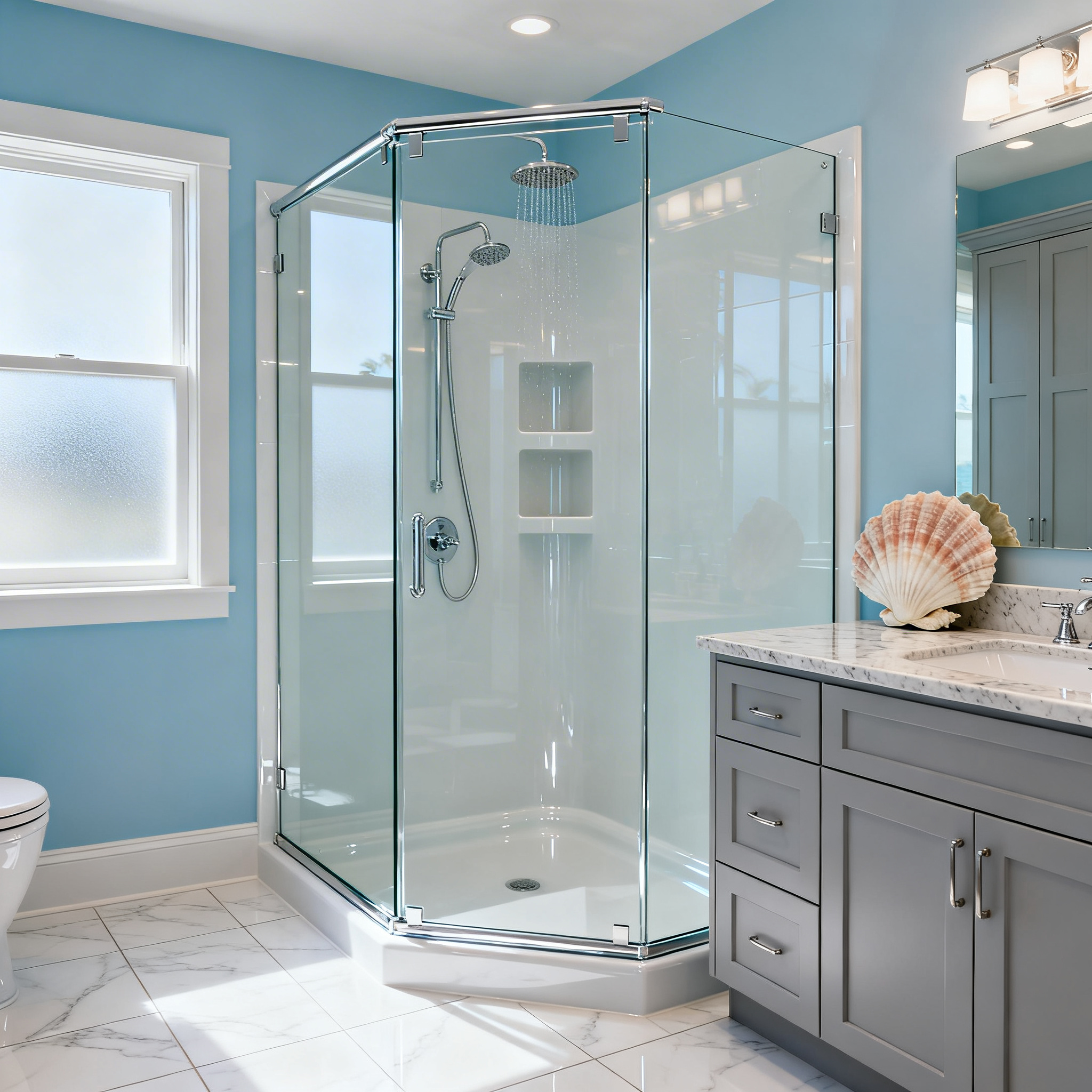 Bright bathroom with a white acrylic corner shower, clear glass panels, chrome fixtures, gray vanity, and soft blue walls