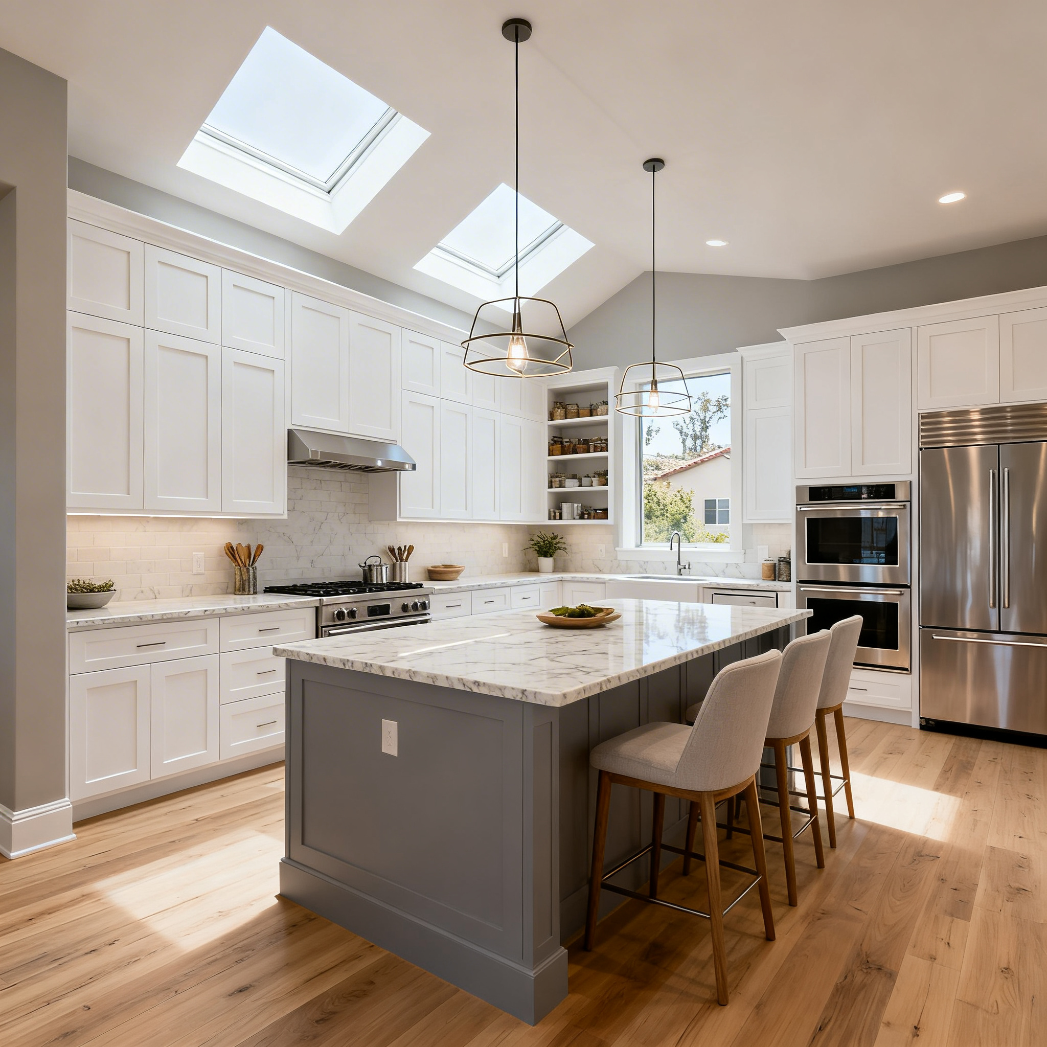 A bright modern kitchen with white shaker cabinets, a gray island with bar stools, marble-look countertops, skylights, and pendant lighting.