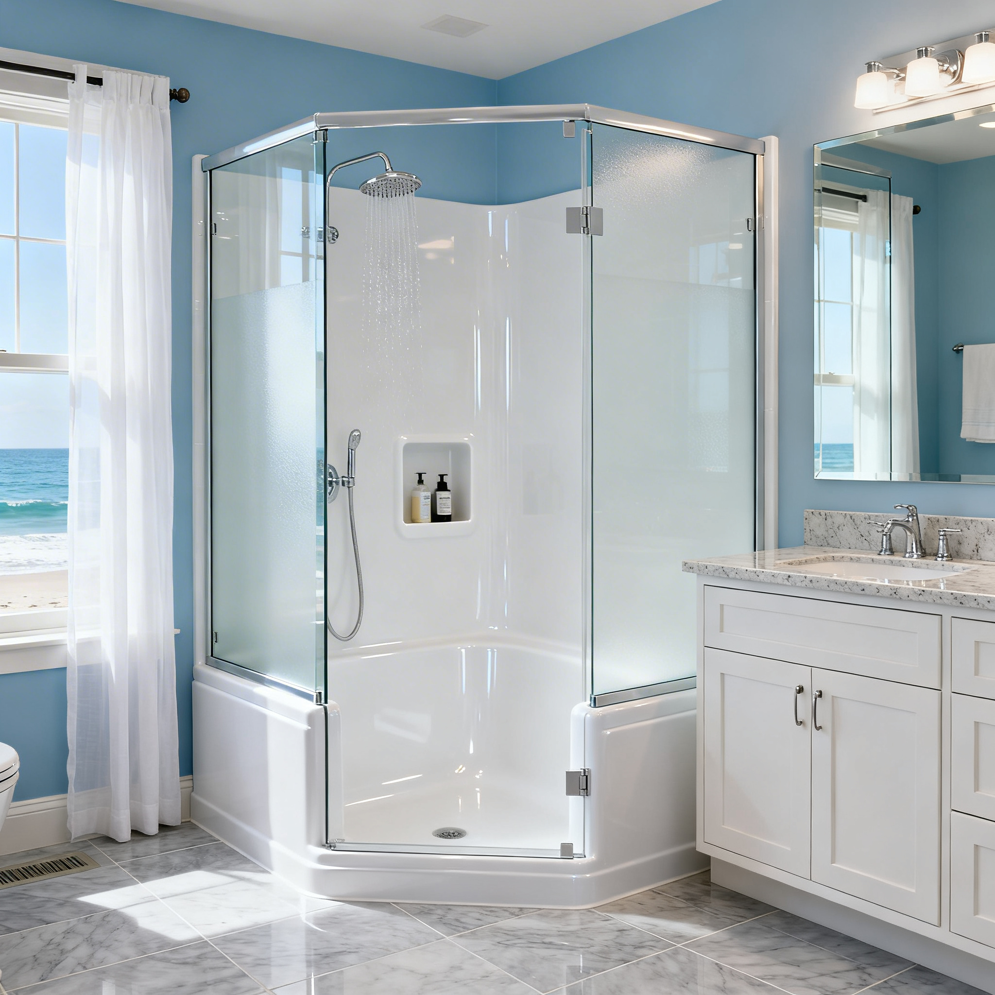 Bright bathroom with a white acrylic corner shower, glass enclosure, chrome fixtures, white vanity, and light blue walls.