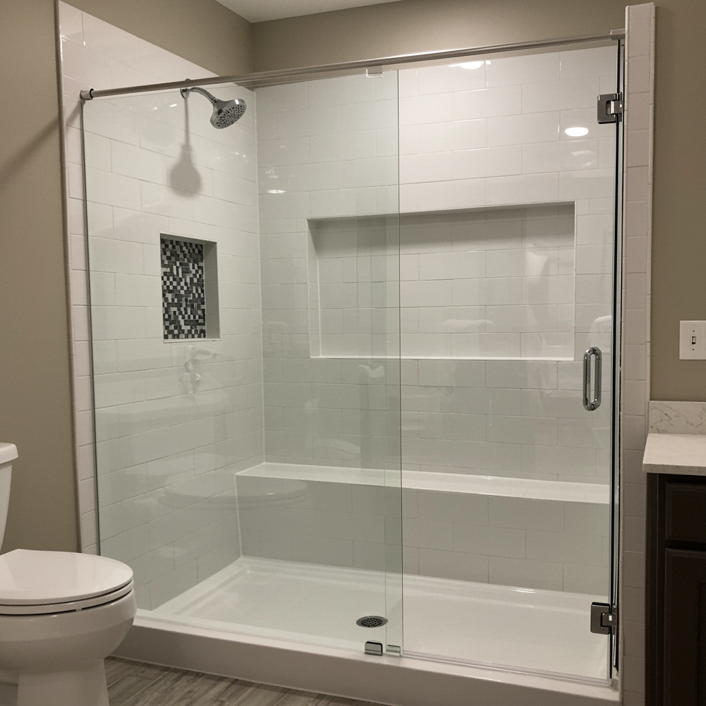Modern bathroom with a white acrylic shower base, glass sliding shower enclosure, white subway tile walls, with built-in niche shelving.
