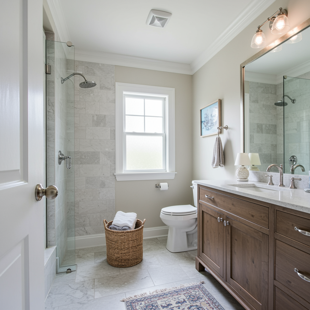 Bright bathroom with a wood vanity, white countertop, large mirror, toilet, glass walk-in shower with light stone tile, and frosted window.