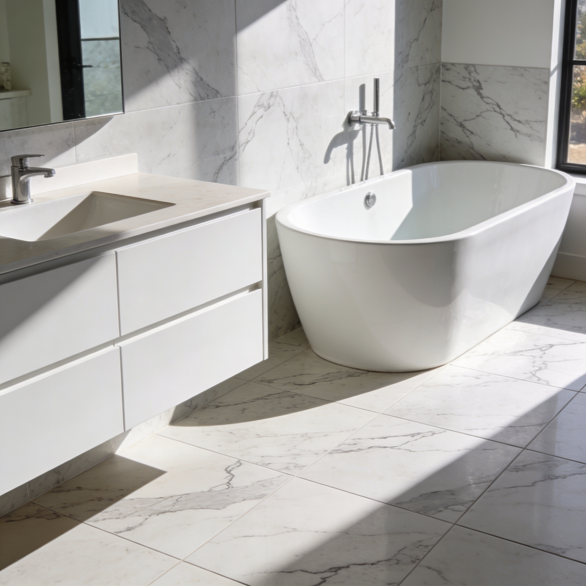 Elegant bathroom remodel with floating white vanity, freestanding soaking tub, marble-look wall and floor tile, chrome fixtures, and natural sunlight.