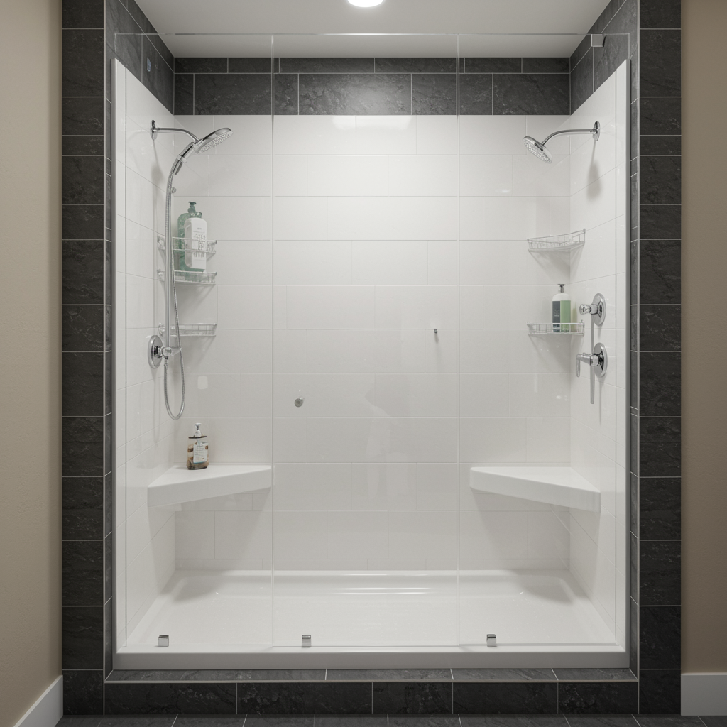 Spacious acrylic walk-in shower with dual showerheads, frameless glass enclosure, built-in corner shelves.