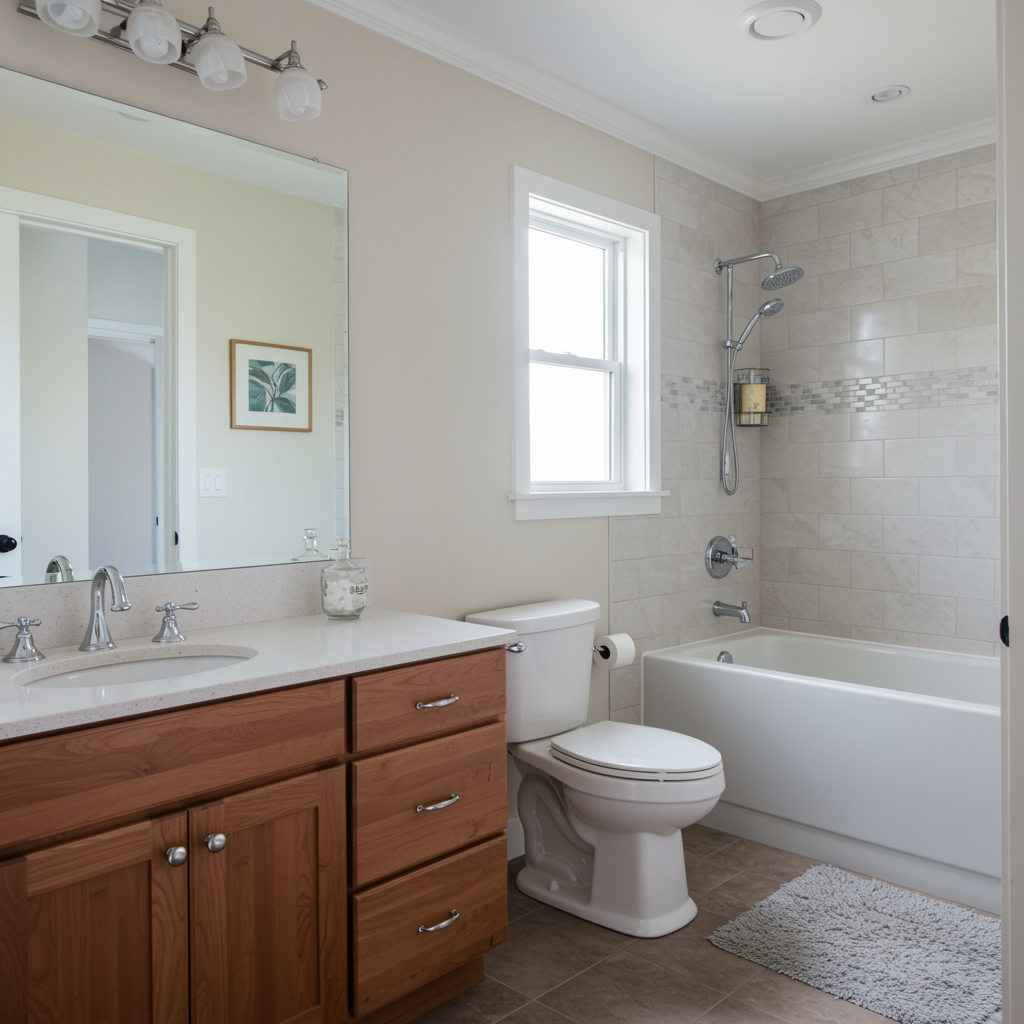 Updated bathroom remodel featuring wood vanity cabinetry, quartz countertop, soaking tub with tiled shower surround, and modern fixtures.