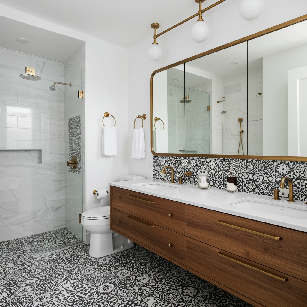 Luxury bathroom remodel with floating wood vanity, dual sinks, patterned tile flooring, frameless glass shower, and brass fixtures.